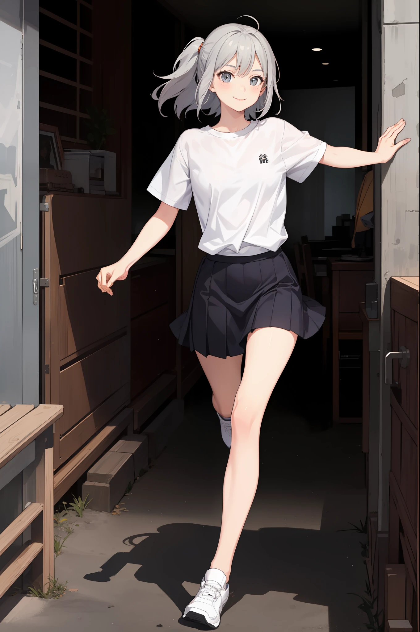 1 girl, smiling, shirt, skirt, (small) chillerism, gray hair, dashing and running, (moving),