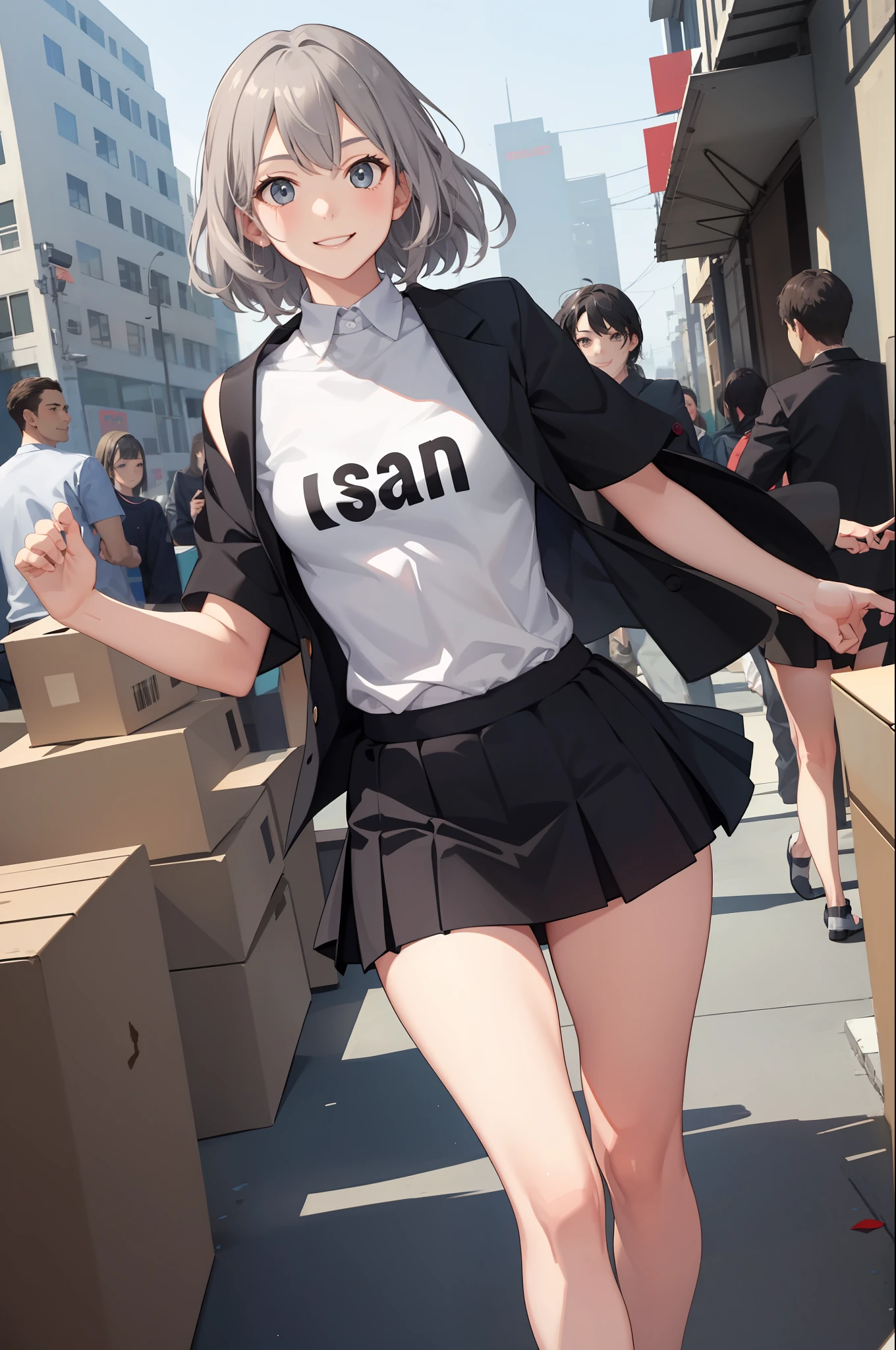 1 girl, smiling, shirt, skirt, (small) chillerism, gray hair, dashing and running, (moving),
