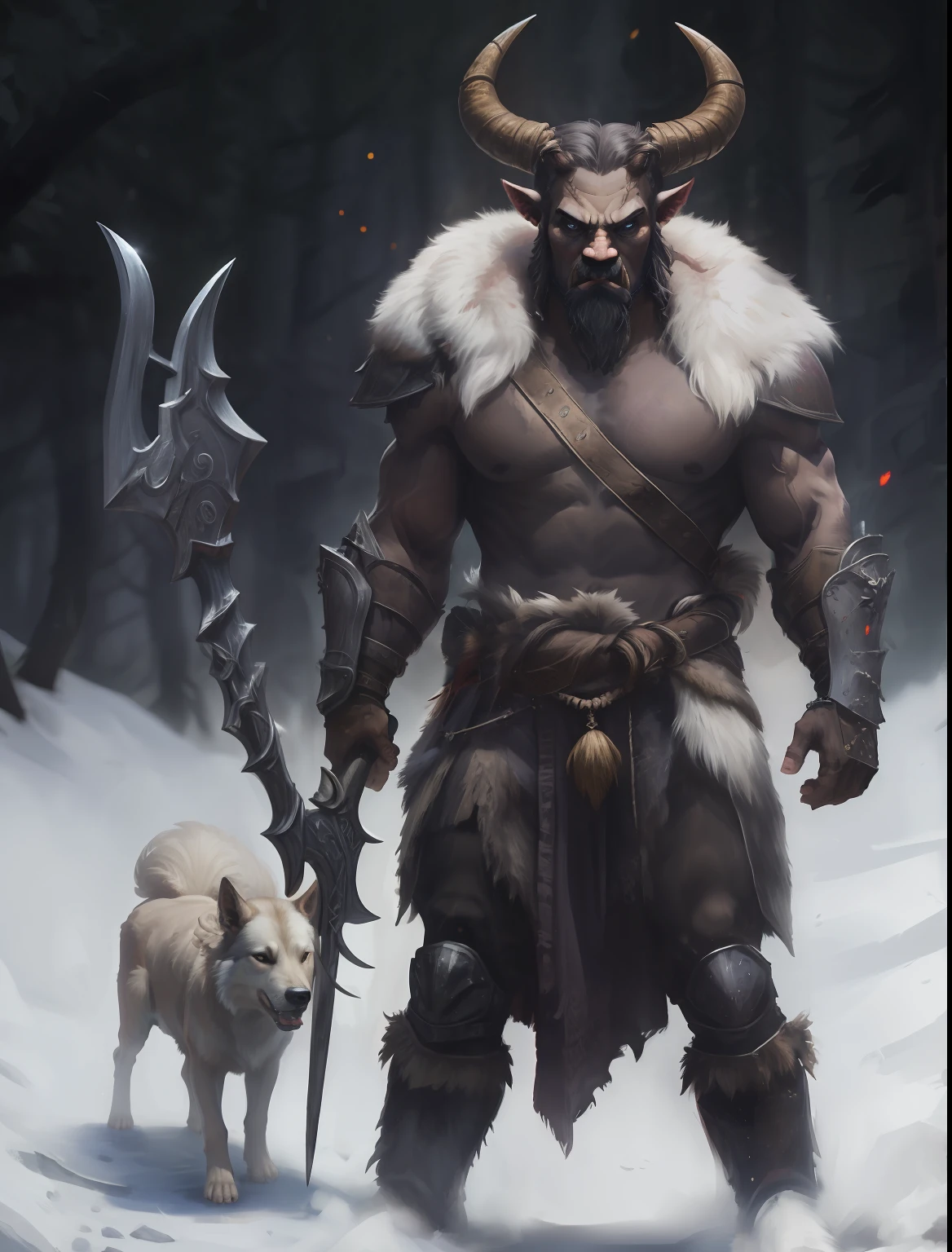 Man in armor with horned head and dog, male demon with white horns, Goliath, minotaur wolf, minotaur in ancient armor, warrior minotaur with axe, warrior minotaur, ice giant, minotaur, viking berserker, hyperdetailed fantasy character, exile path minotaur, evil, spear