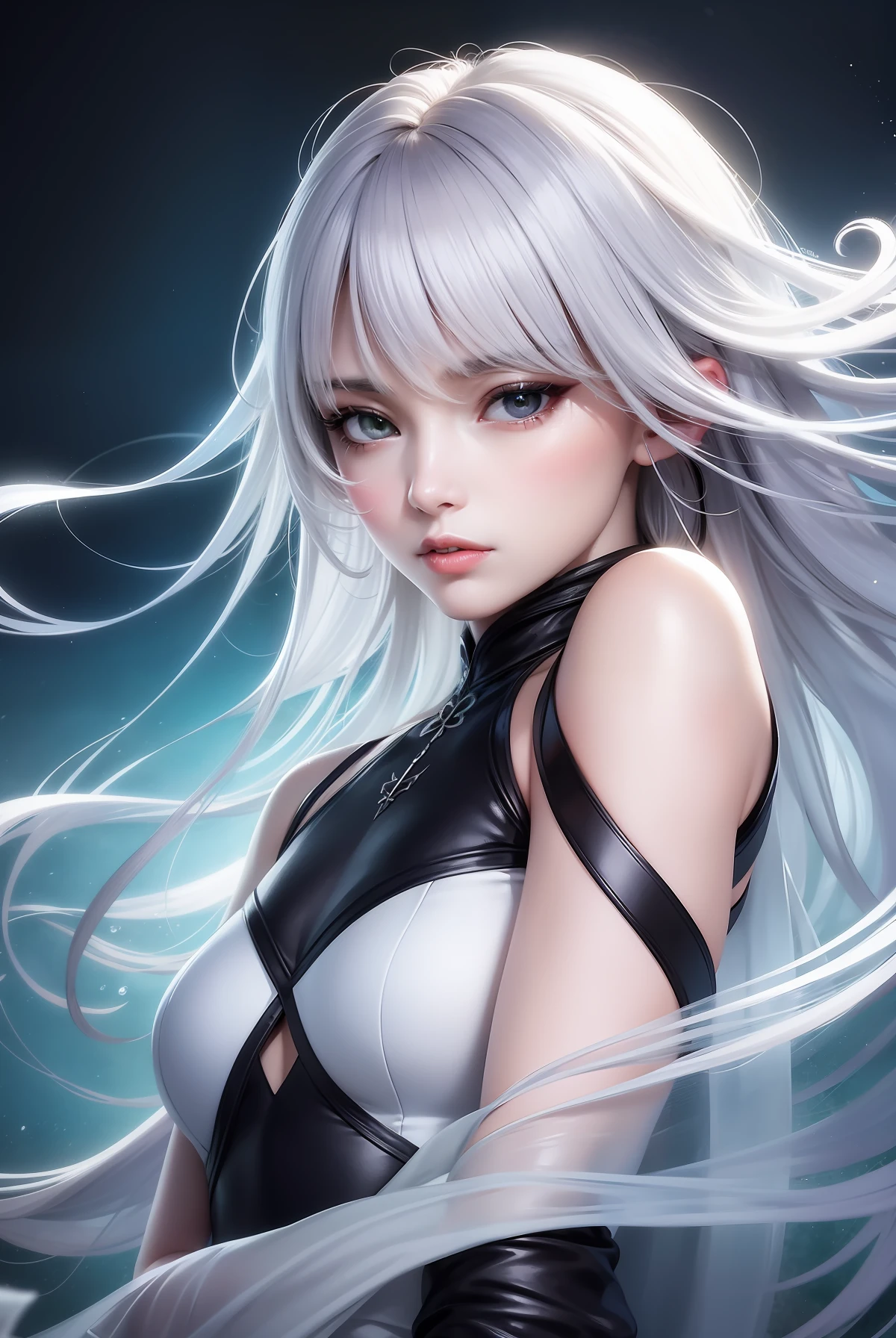 Ultra-high-definition picture quality, masterpiece, hyper-realistic, realistic texture, exquisite CG, absolutely beautiful, watery eyes, white hair, dreamy, best quality, silver eyes, black background, ancient China, mysterious characters, gorgeous highlights, dreamy, indifferent, depth of field, green clothes, messy long hair, bare shoulders, cold beauty Super details, fairy fluttering, flying hair