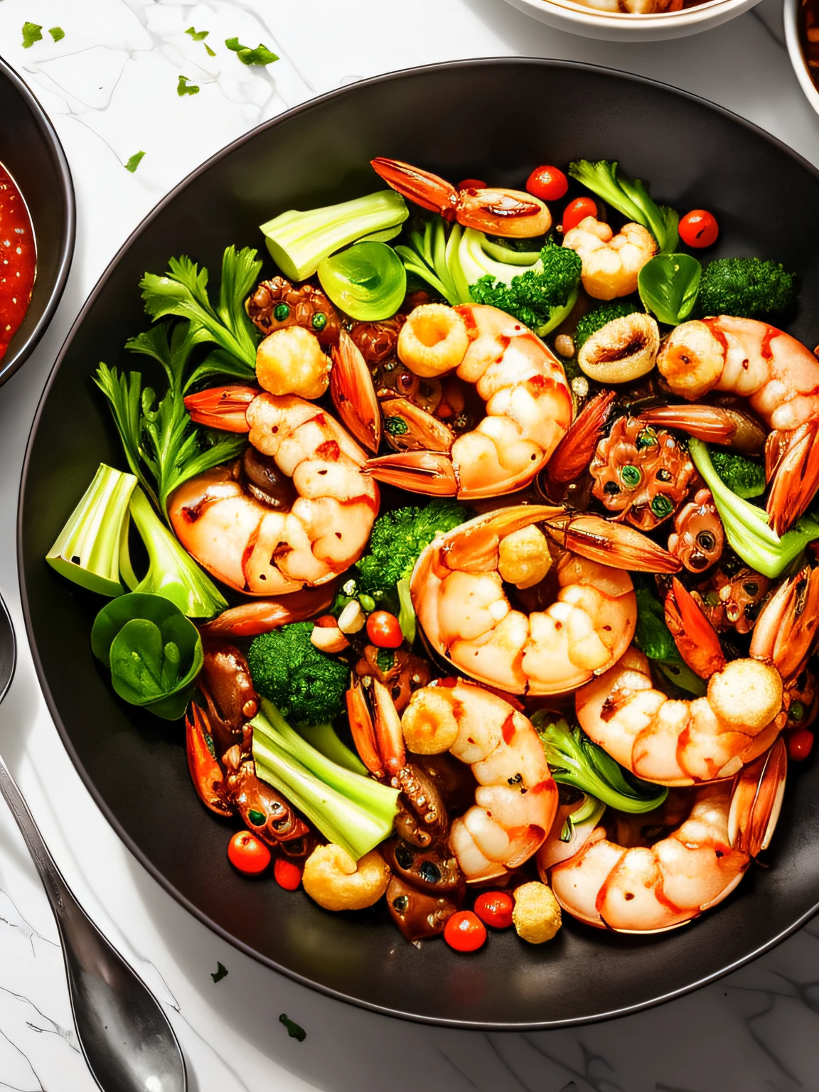 Close-up spicy mix, seafood mushrooms, small octopus, red oil, shrimp, green peppercorns, sixty-sixth century pepper, green vegetables, bok choy, tofu puffs, super realistic food pictures, the complete subject shown in the photo, a spoon is pouring into a bowl Red Oil, Randy Post, hyper realistic ", hyper realistic", high res photo --auto
