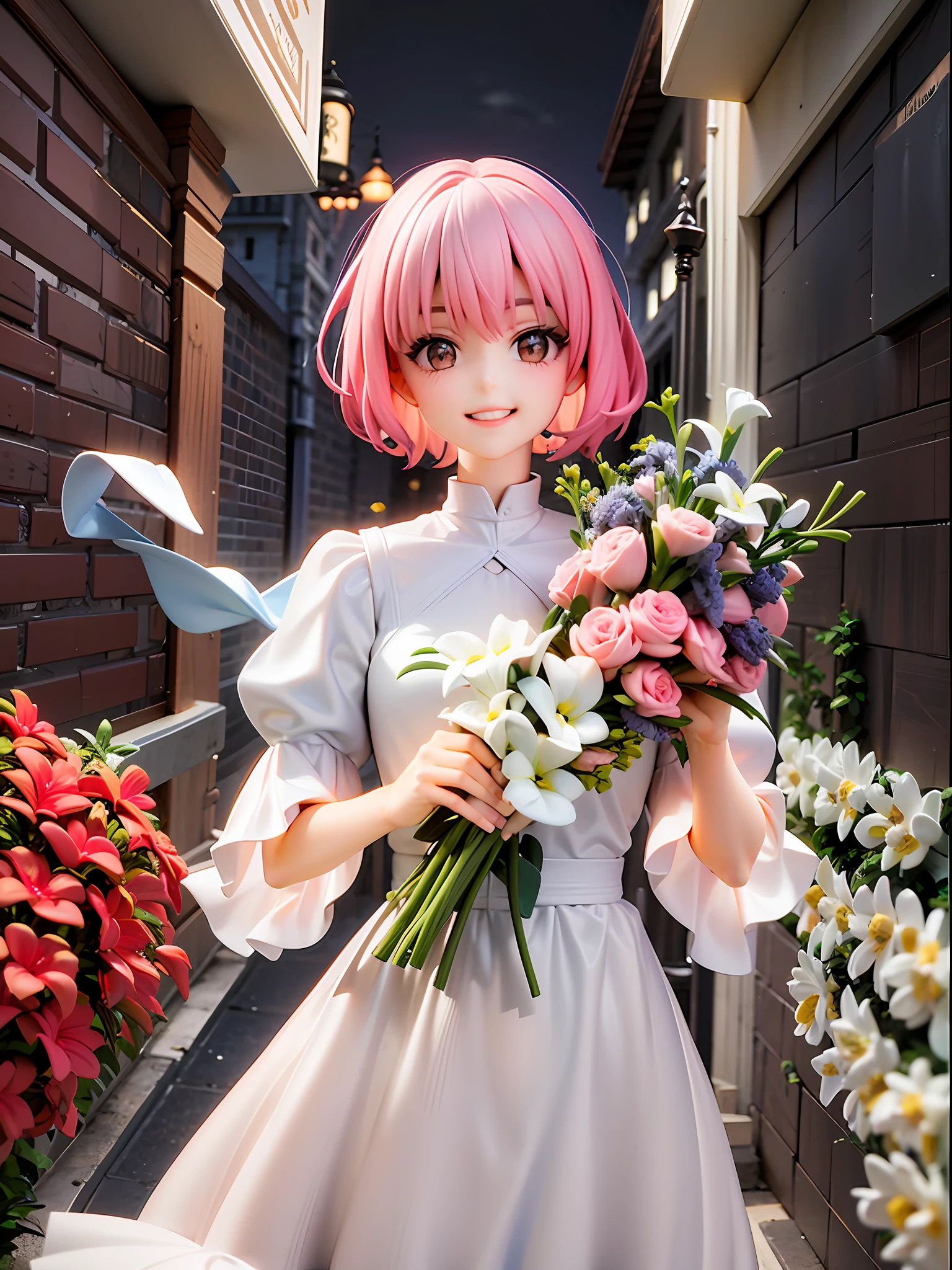 girl, pink hair, brown eyes, short cut, smiling, holding a bouquet, white dress, upper body