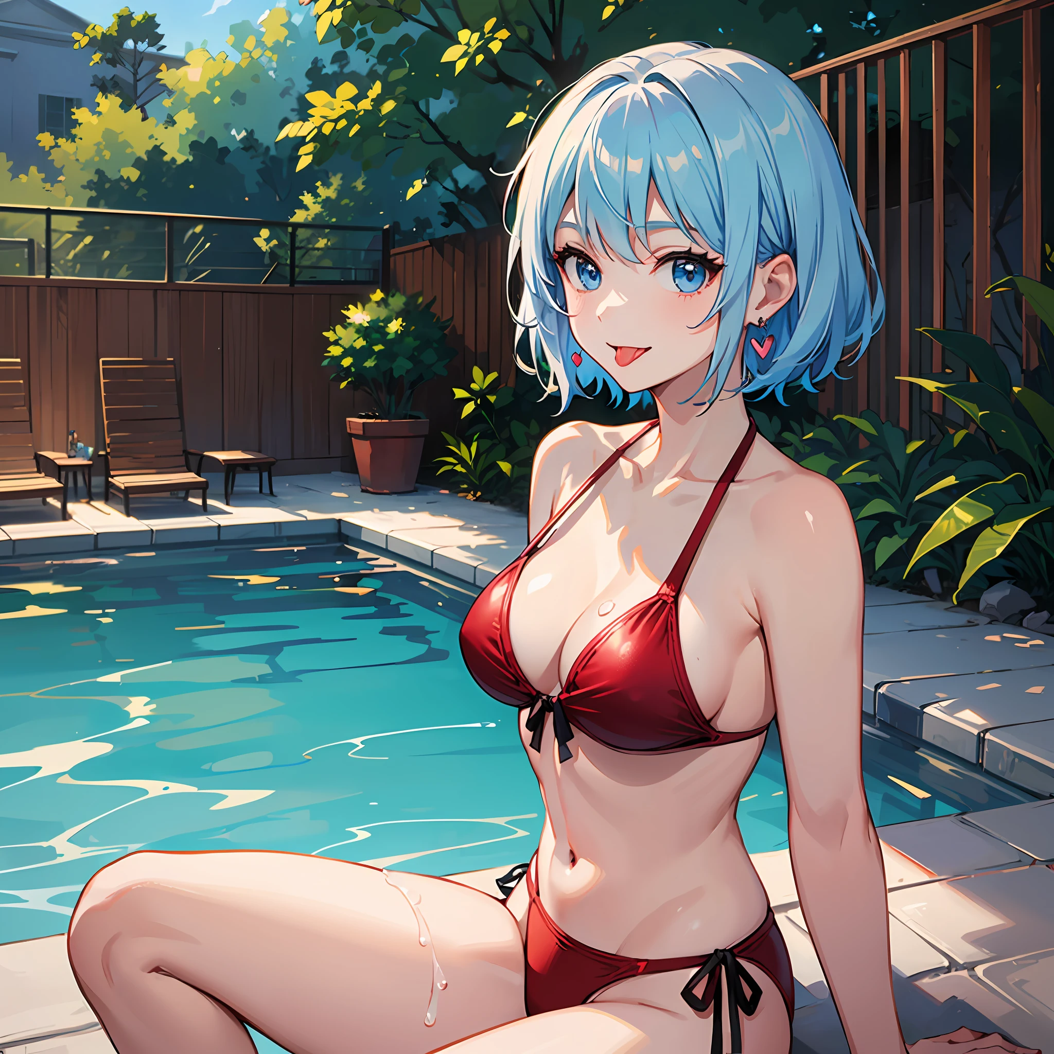 (((Masterpiece)))), (((Best Quality))), Hi-Res, On Thighs, Standing, Dynamic Pose, (Cute One Girl))), Solo, White Skin, Small, Eight-headed, (Light Blue Hair), ((Short Hair)), (Straight Bangs)), Beautiful Hair, Blue Eyes, Beautiful Eyes in Detail, (((Tongue)), Red Face, Smile, Heart, Bikini, Red Swimsuit, Ruffles, Earrings, Outdoor, Pool, shadow lighting,
