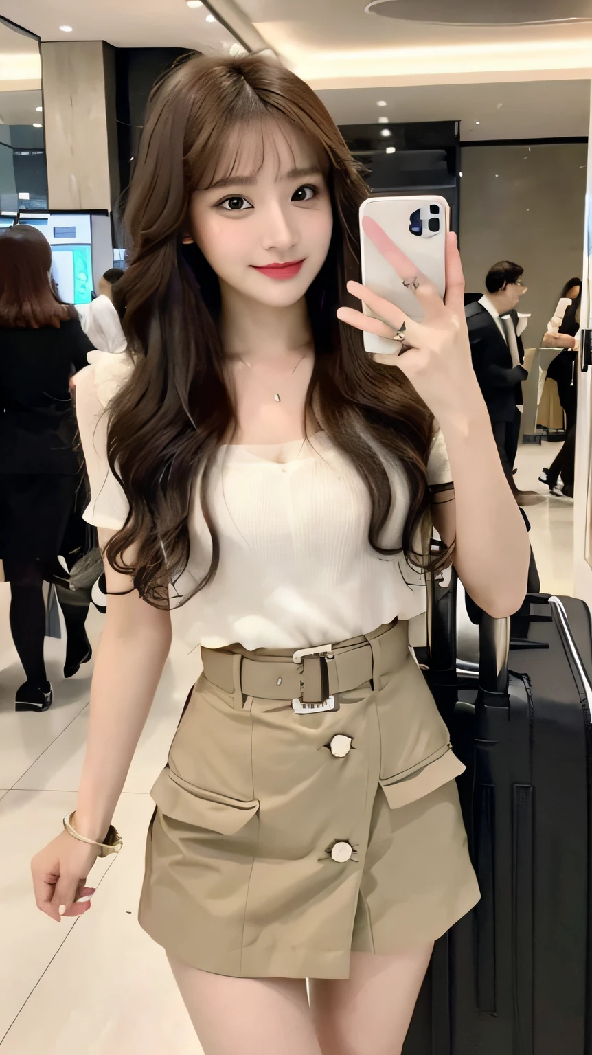 A woman with long hair, a garland on her head, and a pink Luo skirt, standing under the flower wall looking directly at the camera, sexy red lips, charming eyes, perfect body