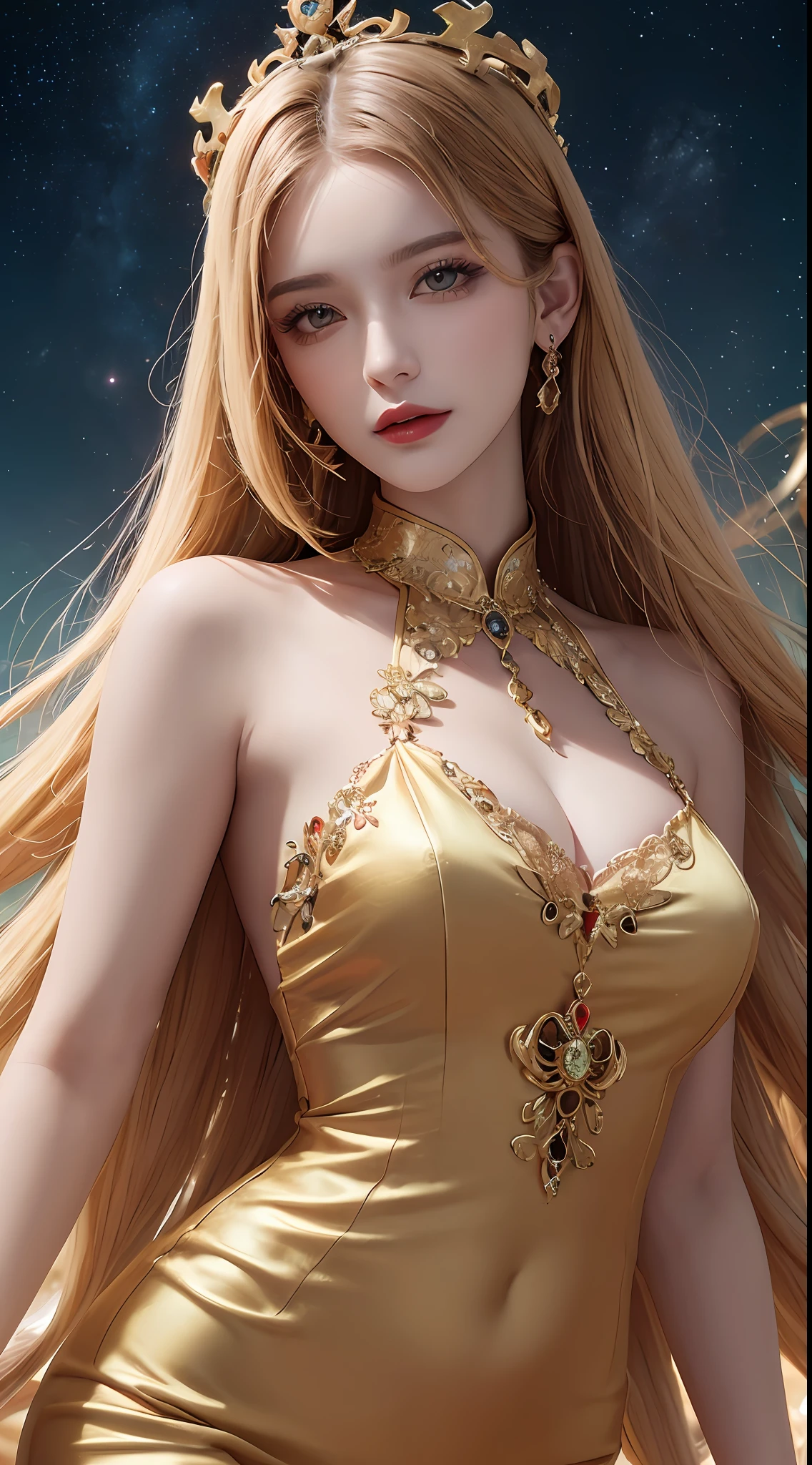 1 27-year-old girl, 1 zodiac goddess from the future, goddess of the pink and purple 12 zodiacs, the goddess of the zodiac in a yellow ao dai, a 12 zodiac ao dai with many black lace detail, mythology Goddess of the 12 zodiacs from the future, zodiac ♏, luxurious glittering zodiac style, dark and mysterious version, zodiac crown, lipstick lips red, thin and beautiful lips, Smile makes viewers fall in love, characters made by karol bak and pino daeni, intricate detail, detailed background, extremely detailed, light magic, a woman, clear face, look at the face of goddess zodialook at the zodiac goddess face, hair long with bangs, beautiful face in detail and well-proportioned eyes, (transparent yellow eyes: 1.8), big round eyes and very beautiful and detailed makeup, foresight, silk dress, mysterious makeup, double bangs and dyed light blonde, uper body, zodiac goddess uper body, arms hanging loosely, Realistic and vivid photo, (stars make up the zodiac: 1.7), (sky background zodiac and fictitious space and time portal: 1.8), fiction art, RAW photo, hanfu picture, best photo, best photo quality, 8k quality, 8k ultra, super realistic, real photo most economical, artistic portrait of goddess zodiac,