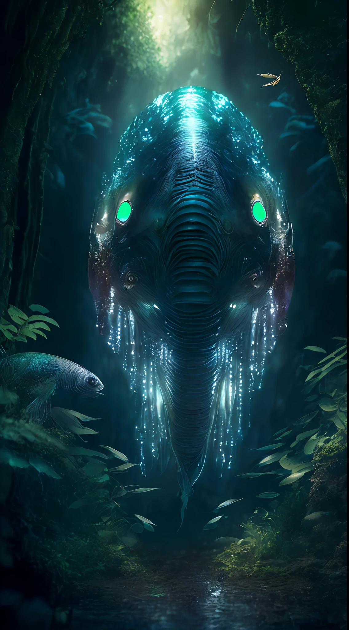 Big creature with crystal body,(four big eyes), wise look, calm, feelers on the head, buffalo posture, crystal clear body, six legs, glow around it, luminous lines inside the body, with ((six legs creature)) with transparent and lighting body, walking on all six legs, (((fish head))), ((four eyes)),jellyfish transparent body, six leghs, in the jungle, jungle, rain forest, high image quality, realistic look, 8K, full-frame matrix, deep shadows, ((one character)), (intricate details, subsurface scattering, hyperdetailed:1.15), (hyperrealism, volumetric lighting, sharp:1.5)(galaxies, spirals, space, nebulae, stars, smoke, iridescent:1.2), intricate detail, octane render, 8k, uplight