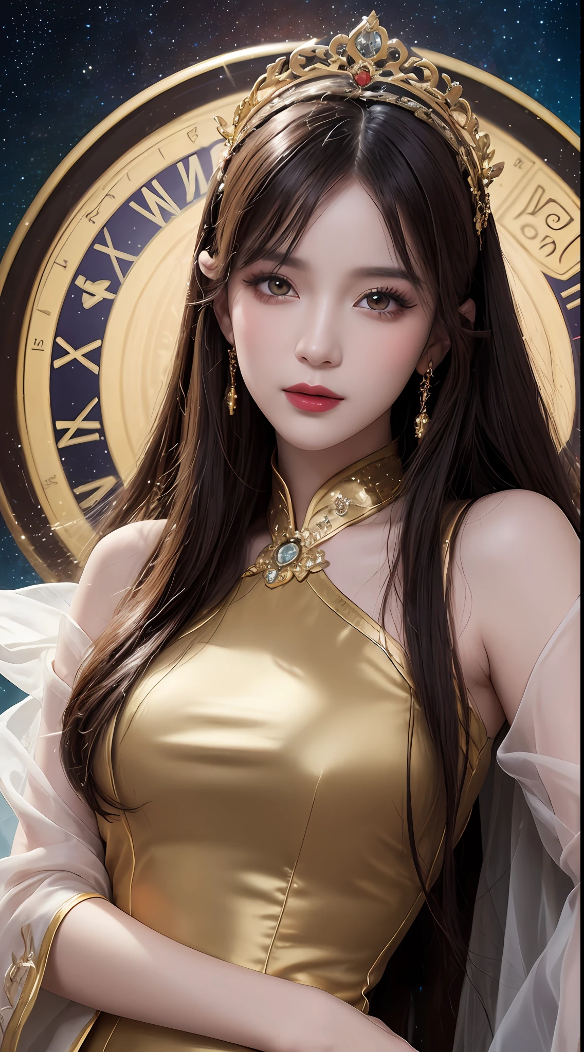 1 27-year-old girl, 1 zodiac goddess from the future, goddess of the pink and purple 12 zodiacs, the goddess of the zodiac in a yellow ao dai, a 12 zodiac ao dai with many black lace detail, mythology Goddess of the 12 zodiacs from the future, zodiac ♏, luxurious glittering zodiac style, dark and mysterious version, zodiac crown, lipstick lips red, thin and beautiful lips, Smile makes viewers fall in love, characters made by karol bak and pino daeni, intricate detail, detailed background, extremely detailed, light magic, a woman, clear face, look at the face of goddess zodialook at the zodiac goddess face, hair long with bangs, beautiful face in detail and well-proportioned eyes, (transparent yellow eyes: 1.8), big round eyes and very beautiful and detailed makeup, foresight, silk dress, mysterious makeup, double bangs and dyed light blonde, uper body, zodiac goddess uper body, arms hanging loosely, Realistic and vivid photo, (stars make up the zodiac: 1.7), (sky background zodiac and fictitious space and time portal: 1.8), fiction art, RAW photo, hanfu picture, best photo, best photo quality, 8k quality, 8k ultra, super realistic, real photo most economical, artistic portrait of goddess zodiac,