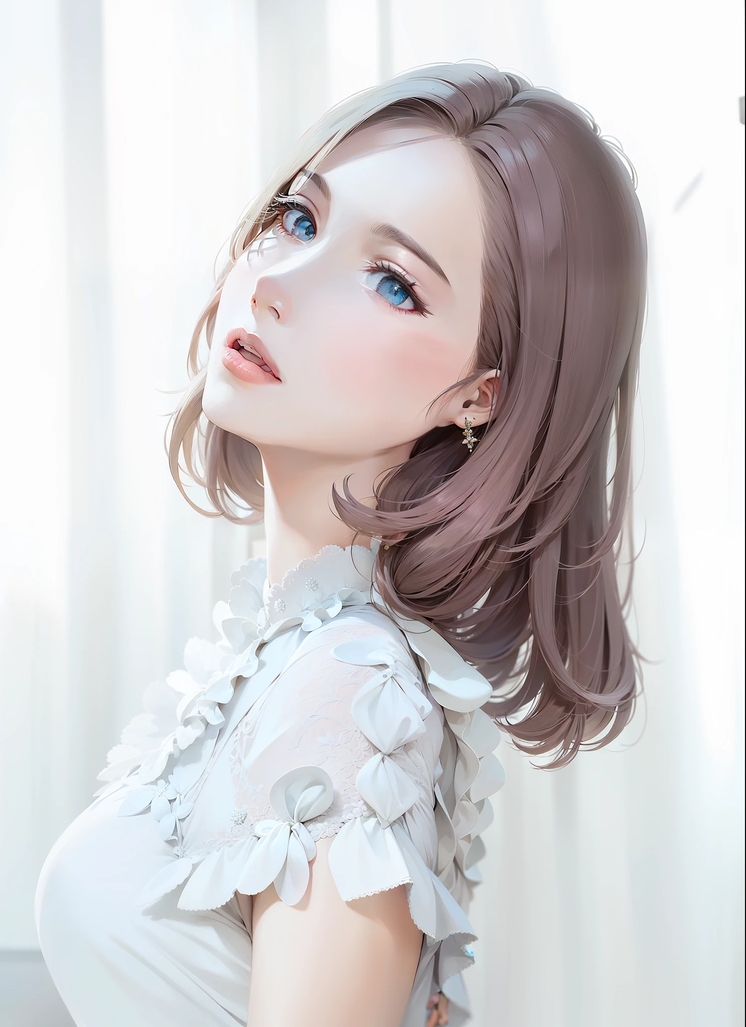 Floral dress, slender arms, white gold earrings, long blonde hair, blue eyes