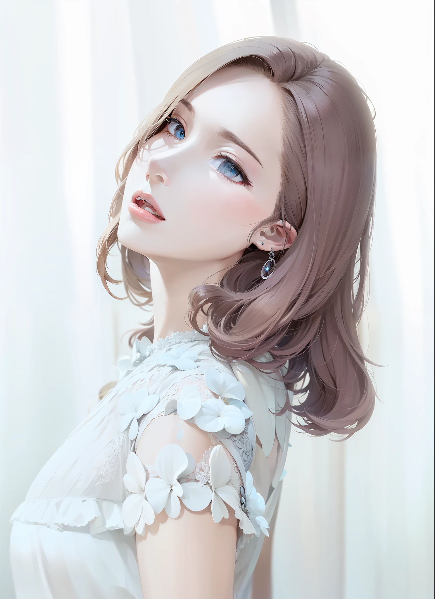 Floral dress, slender arms, white gold earrings, long blonde hair, blue eyes