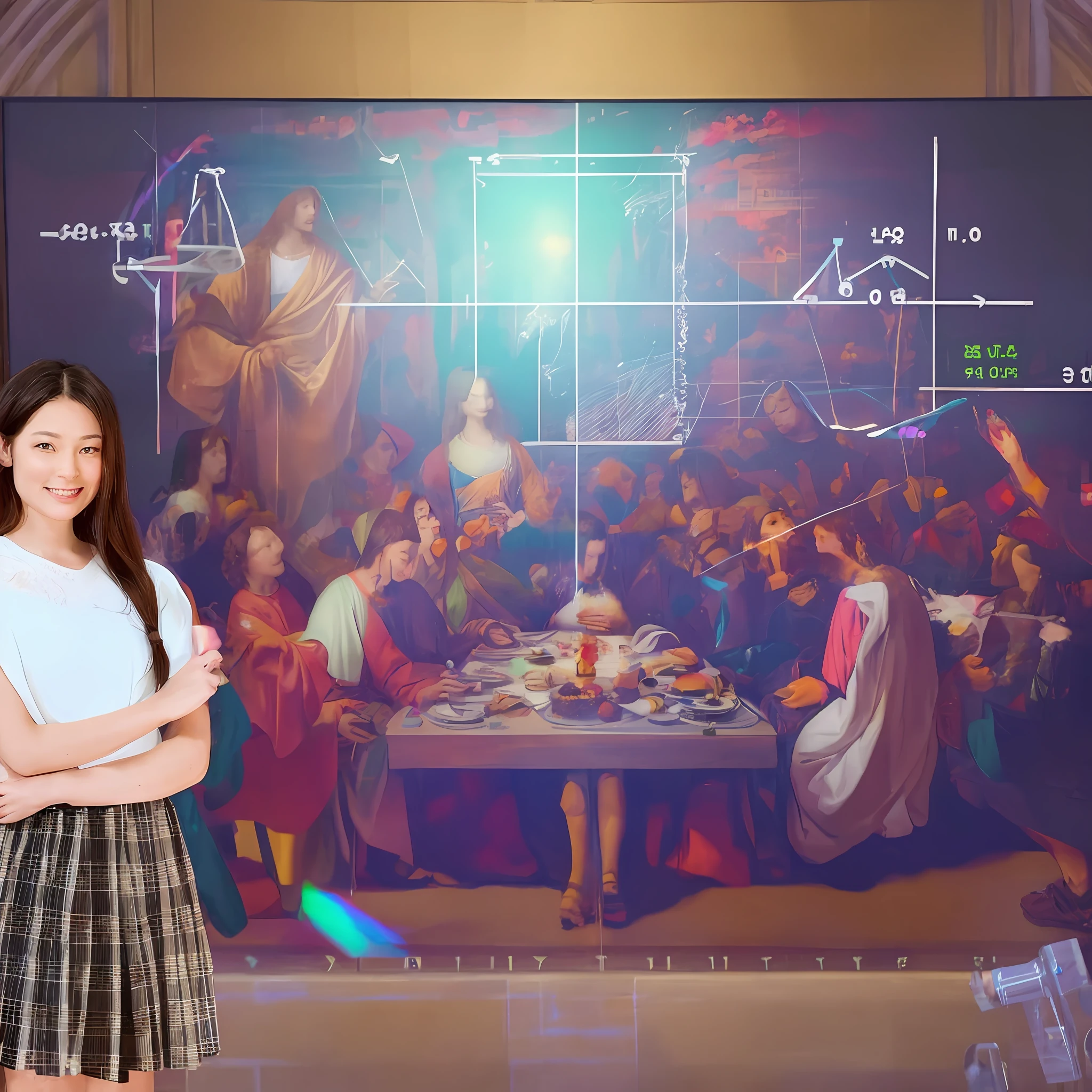 A High resolution Photo, In the Traditional katholiek church, a lonely high- individual Japanese Girl, while smiling, presents a Painting of the Last supper with digitalize Math graph interface add-on in The Picture, Behind the girl, there is the Leonardo da Vinci’s the Last Supper on the wall at church as art gallery event where a celebrity with Camera and Tv-Crews, and a group of similarly happy individuals photographing the celebrity.