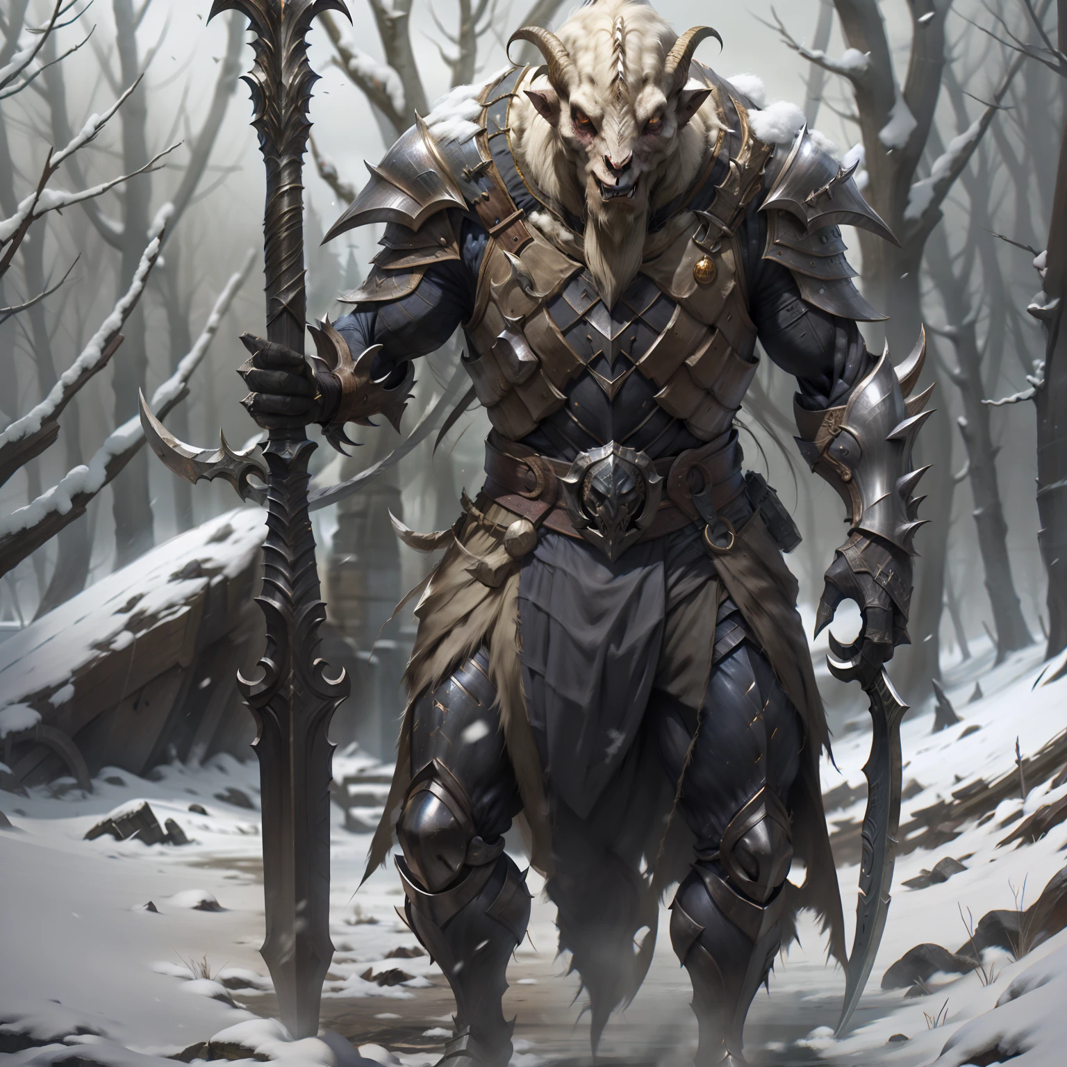 An evil warrior, with goat face, evil face, black goat, villain, strong, large, holding an ordinary spear, sample chest, medieval armor, armor on the arms and legs, half man, half goat, dirty, dark, with details, standing, in the snow, similar to an Orc