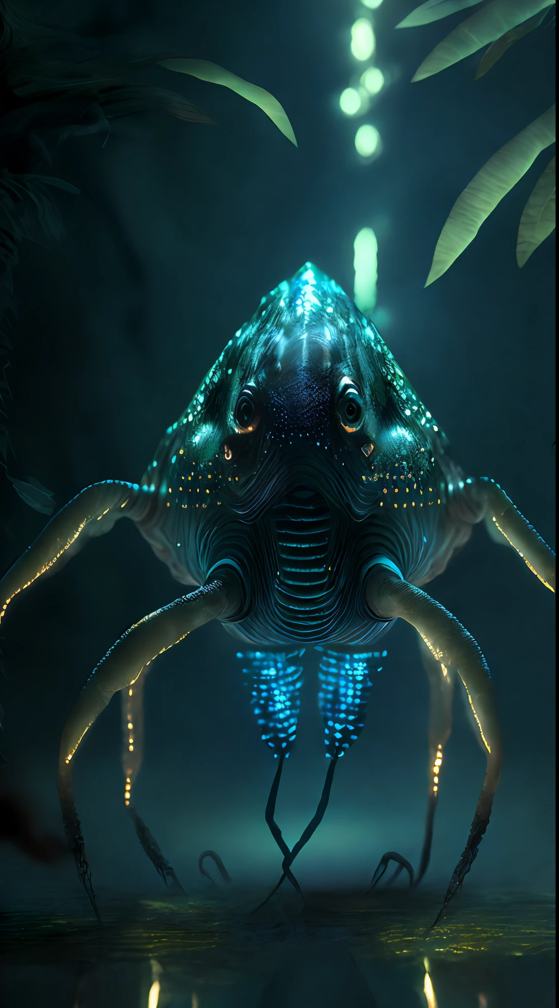 Big creature like dinozaur,(four big eyes), wise look, calm, feelers on the head, buffalo posture, crystal clear body, six legs, glow around it, luminous lines inside the body, with ((six legs creature)) with transparent and lighting body, walking on all six legs, (((cuttlefish head))), ((four eyes)),jellyfish transparent body, six leghs, in the jungle, jungle, rain forest, high image quality, realistic look, high-resolution photography, 8K, full-frame matrix, deep shadows, ((one character)), (intricate details, subsurface scattering, hyperdetailed:1.15), (hyperrealism, volumetric lighting, sharp:1.5)(galaxies, spirals, space, nebulae, stars, smoke, iridescent:1.2), intricate detail, octane render, 8k, uplight