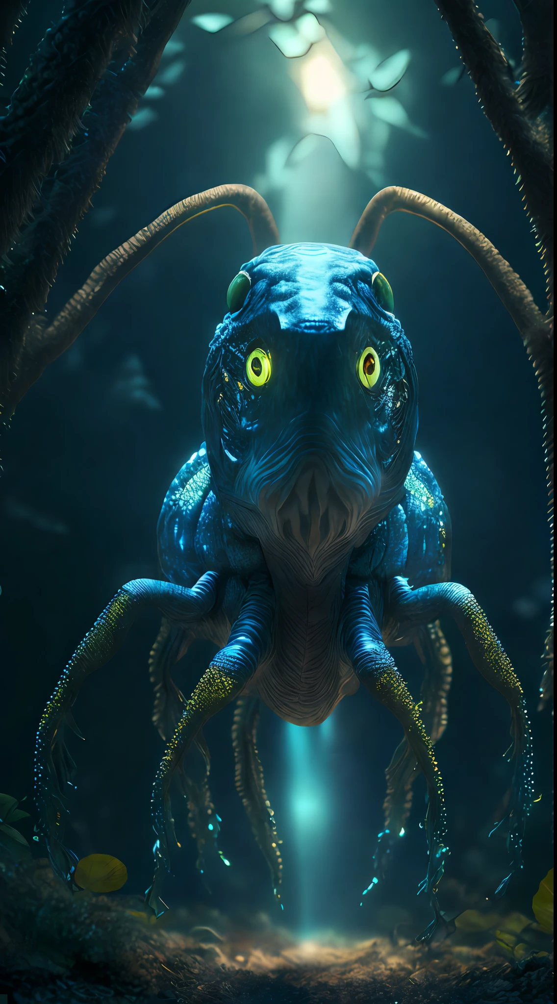 Big creature like dinozaur,(four big eyes), wise look, calm, feelers on the head, buffalo posture, crystal clear body, six legs, glow around it, luminous lines inside the body, with ((six legs creature)) with transparent and lighting body, walking on all six legs, (((cuttlefish head))), ((four eyes)),jellyfish transparent body, six leghs, in the jungle, jungle, rain forest, high image quality, realistic look, high-resolution photography, 8K, full-frame matrix, deep shadows, ((one character)), (intricate details, subsurface scattering, hyperdetailed:1.15), (hyperrealism, volumetric lighting, sharp:1.5)(galaxies, spirals, space, nebulae, stars, smoke, iridescent:1.2), intricate detail, octane render, 8k, uplight