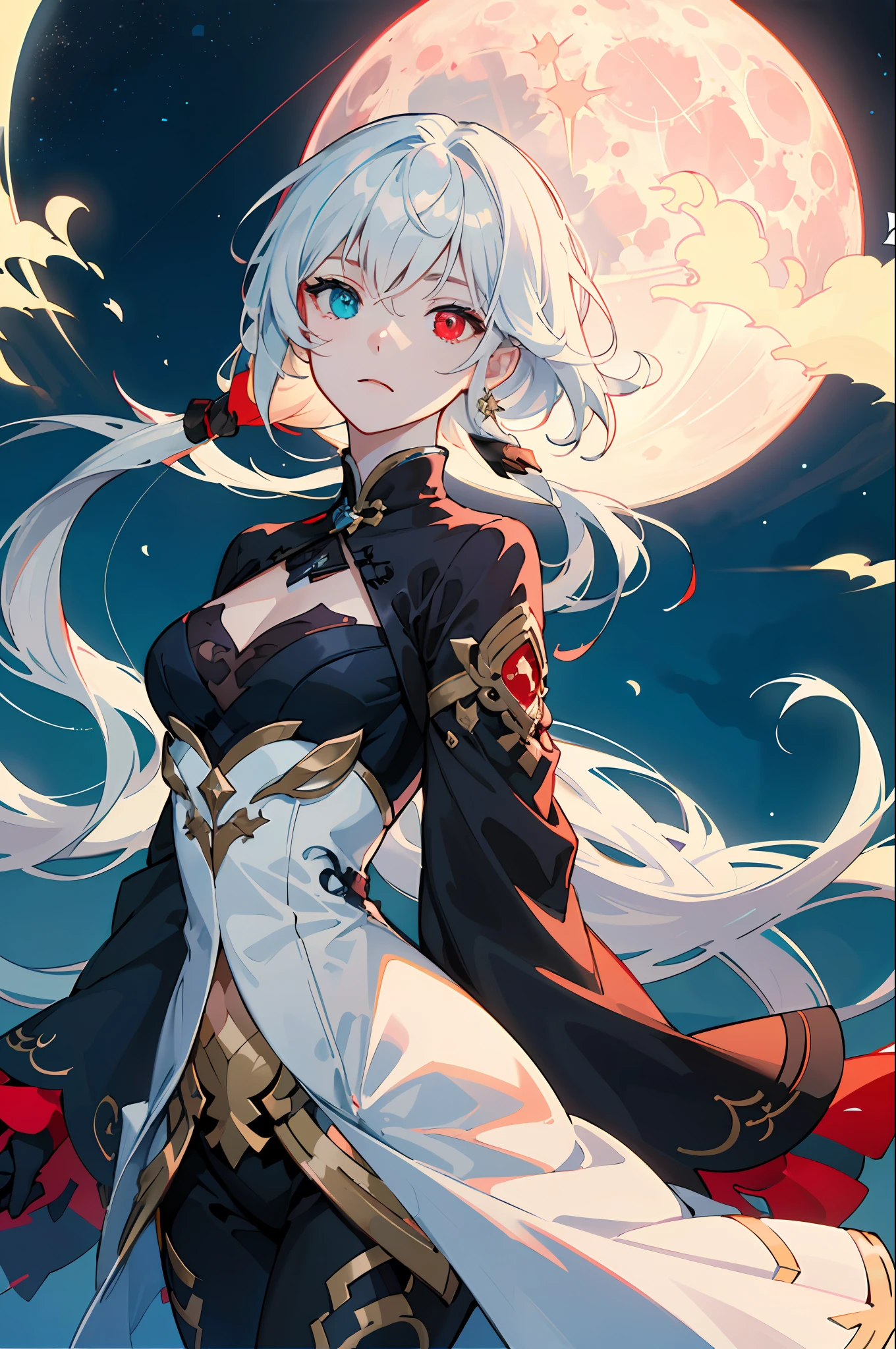 masterpiece, (best quality:1.2), (ultra-detailed:1.2), illustration, (an extremely delicate and beautiful:1.2),Jing Liu,Honkai Star Rail,cinematic angle,(beautiful detailed eyes:1.1), (detailed light:1.1),cinematic lighting, beautifully detailed night sky, white long hair, (red eyes), (high ponytail:1.1), glowing eyes, (moon:1.2), (moonlight:1.1), starry sky, (((heterochromia))), adult woman, long hair, 1girl