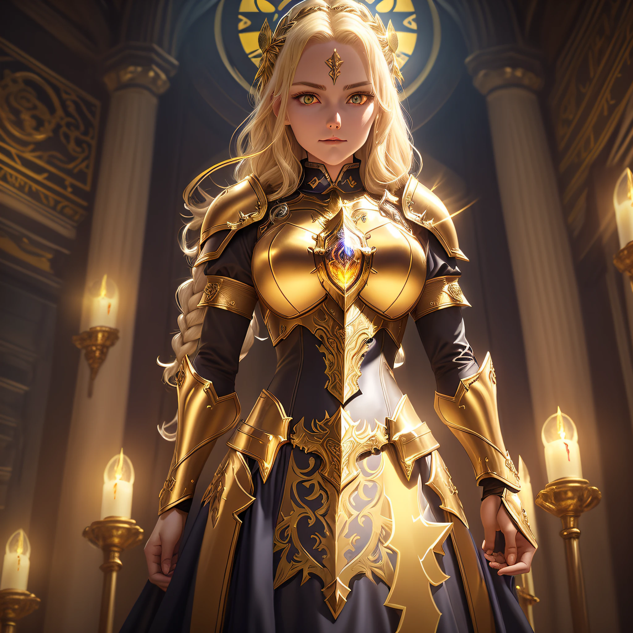 A woman with golden hair, wearing a golden armor, a delicate face, and delicate skin, facing the front, Holding a ice in a fighting pose, temple of athens as the background, a cover photo, zoomed in, and a collar around her neck, cover, unzoom, choker, hyperdetailed painting, luminism, Bar lighting, complex, 4k resolution concept art portrait by Greg Rutkowski, Artgerm, WLOP, Alphonse Mucha, little fusion pojatti realistic goth, fractal isometrics details bioluminescens : a stunning realistic photograph 30 years