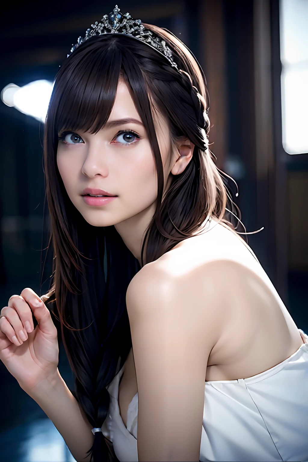 Ultra-detailed complex 3D rendering of the face, (Colossal: 8.8), (masterpiece, top quality, octane rendering, 8K), glamour shot full body image, cleavage, (very detailed skin: 1.2), (exposure: 1.1), brown hair, ((wearing a plummet open shirt of white silk: 1.5)), beautiful Caucasian woman with white skin with full soft breasts and white skin with big buttocks, one, long braided hair, Dynamic Angle, Mystical Expression, Ultra Realistic Photography, ((((Portrait)))), bare feet, futuristic city background, facial muscles, detailed and beautiful queen crown, ArtStation trends, Clear focus, Studio photography, Intricate details, Very detailed, Detailed red eyes, Very detailed, Sharp focus, Digital rendering, professional, abs, Shot with Canon EOS R 6, (Sexy Pose)))), Butt: 1.2,Perfect Body Beauty: 1.4,