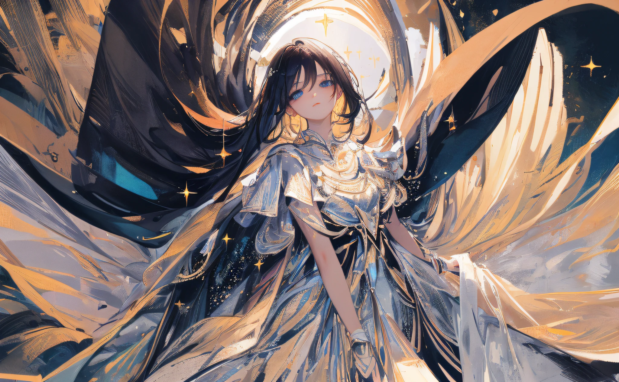 ((Masterpiece, Superb, Super Detailed, High Resolution)), solo, beautiful girl, sparkling eyes, perfect eyes, 15 years old, black and white gold theme,