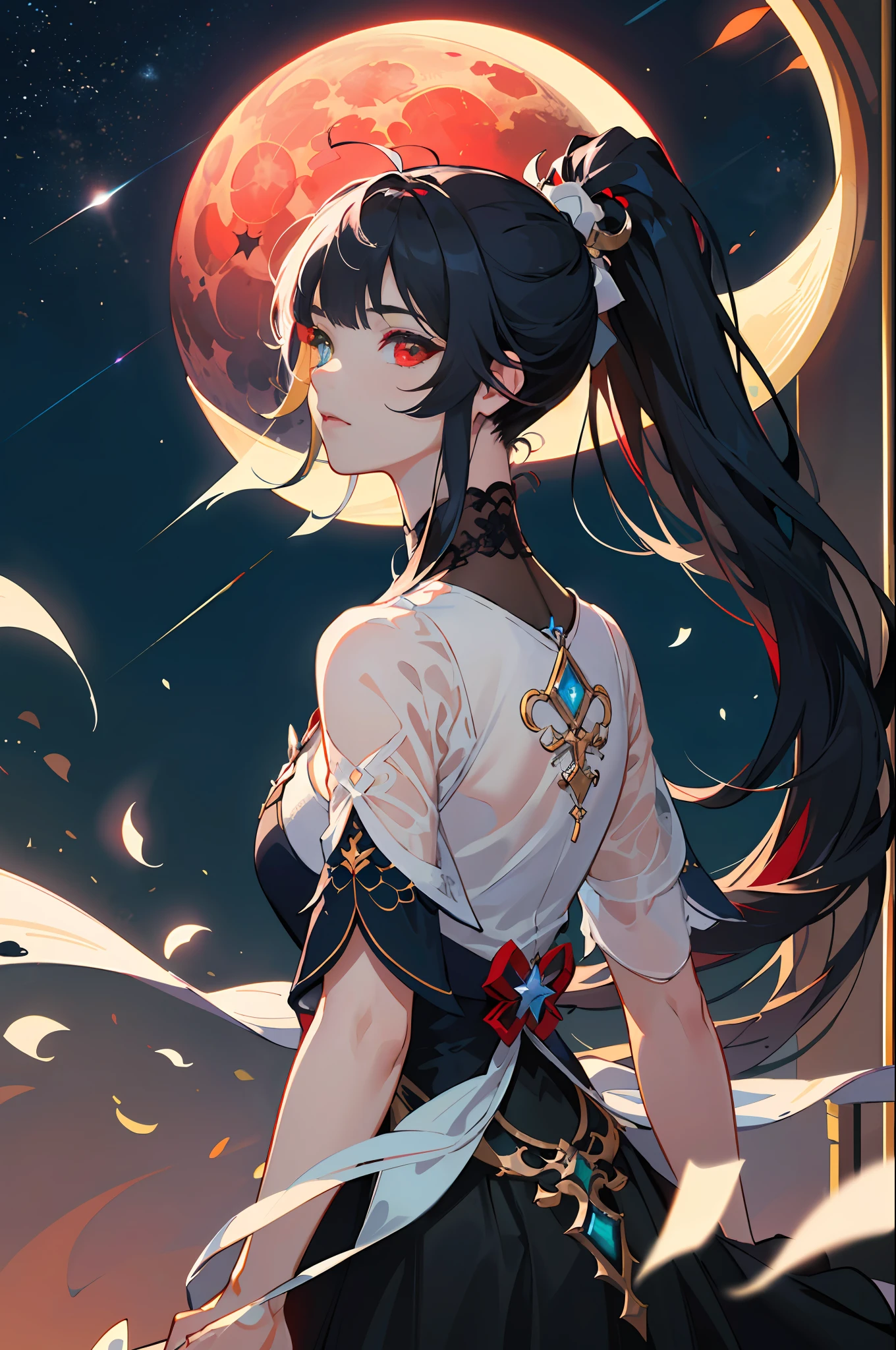 masterpiece, (best quality:1.2), (ultra-detailed:1.2), illustration, (an extremely delicate and beautiful:1.2),Jing Liu,Honkai Star Rail,cinematic angle,(beautiful detailed eyes:1.1), (detailed light:1.1),cinematic lighting, beautifully detailed night sky, white long hair, (red eyes), (high ponytail:1.1), glowing eyes, (moon:1.2), (moonlight:1.1), starry sky, (((heterochromia))), adult woman, long hair, 1girl