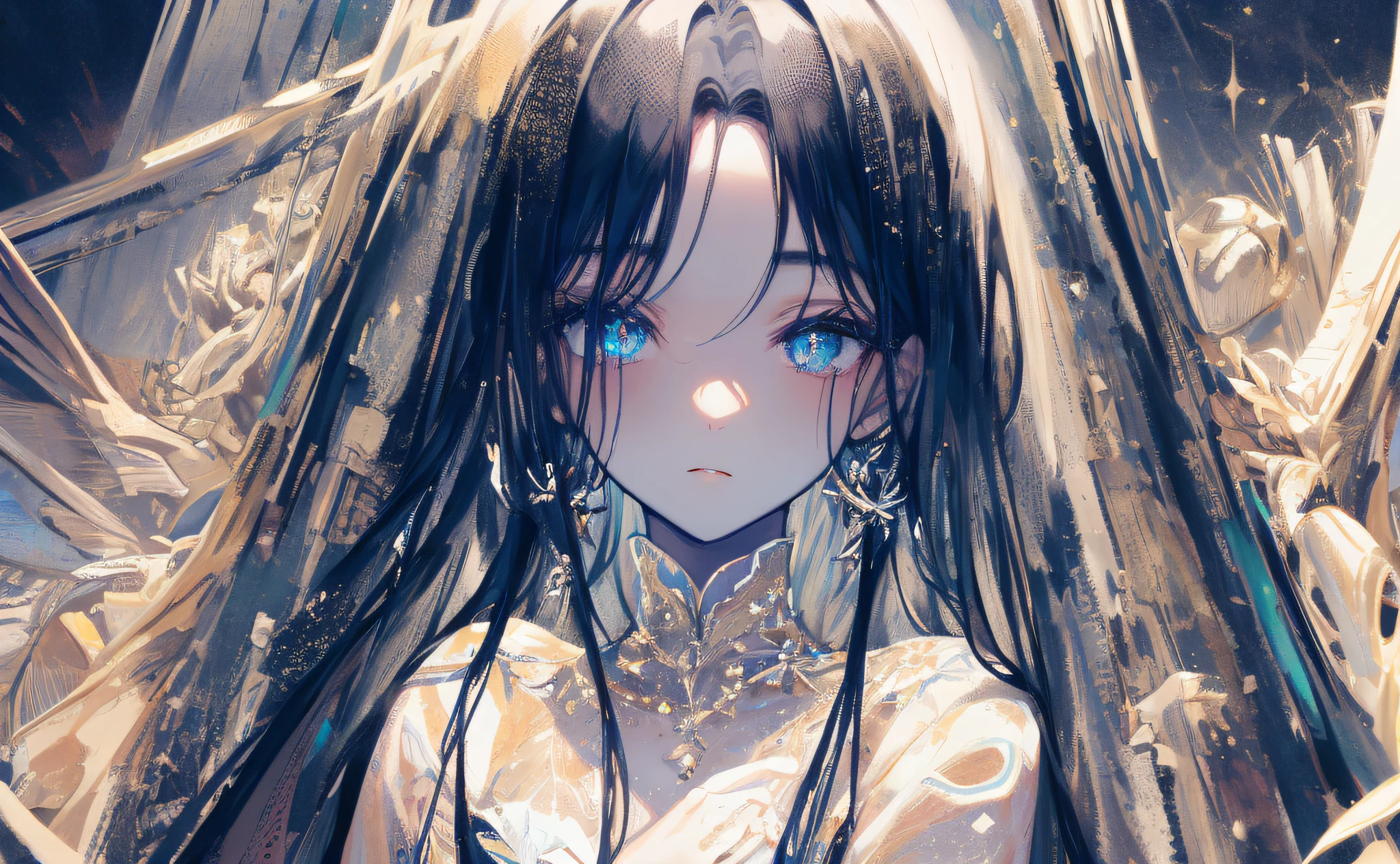 ((Masterpiece, Superb, Super Detailed, High Resolution)), solo, beautiful girl, sparkling eyes, perfect eyes, 15 years old, black and white gold theme,