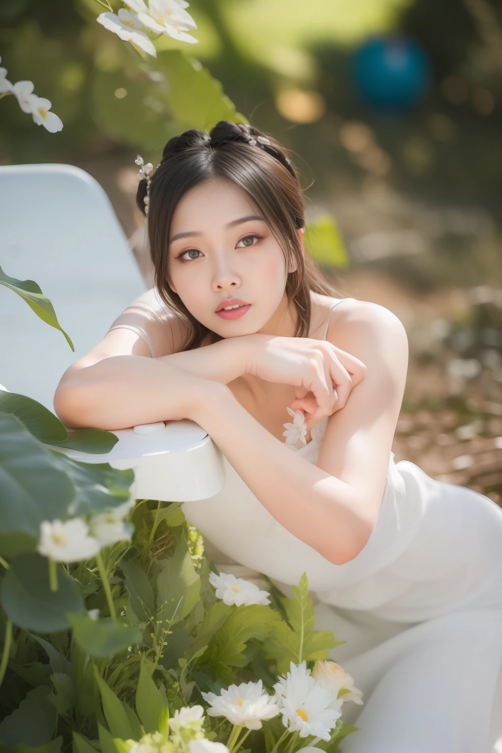 araffe woman in a white dress sitting on a bench in a garden, a young asian woman, shot on canon eos r5, shot on canon eos r 5, a beautiful woman in white, beautiful young korean woman, captured on canon eos r 6, soft portrait shot 8 k, beautiful south korean woman, 🤬 🤮 💕 🎀, a beautiful young woman
