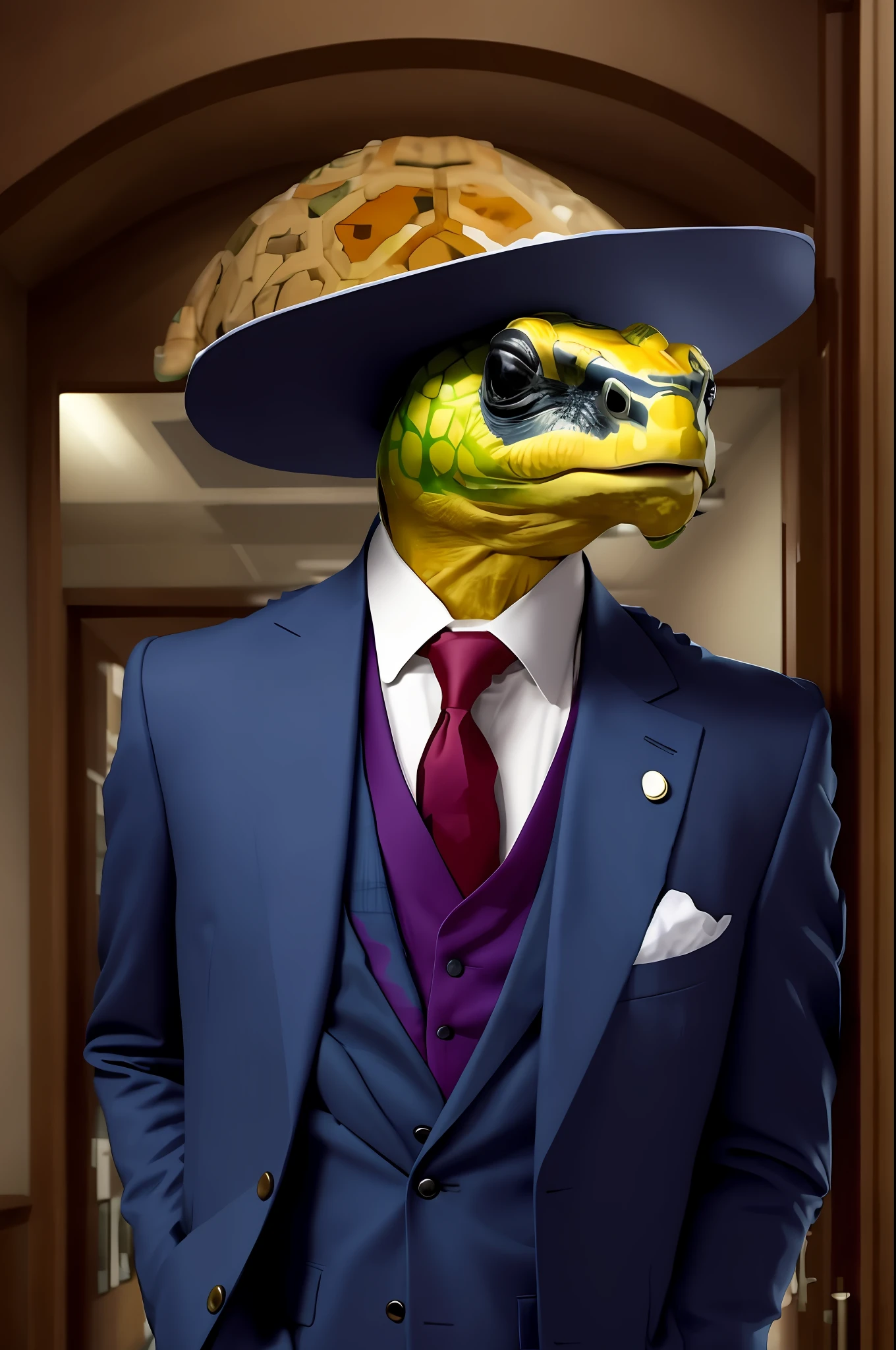 there is a man wearing a turtle mask and a suit, as an anthropomorphic turtle, he looks very sophisticated, dressed in expensive clothes, well - dressed, anthropomorphic turtle, elegantly dressed, an anthropomorphic turtle, well dressed, anthropomorphic turtle hero, fully dressed, anthropomorphic turtle humanoid