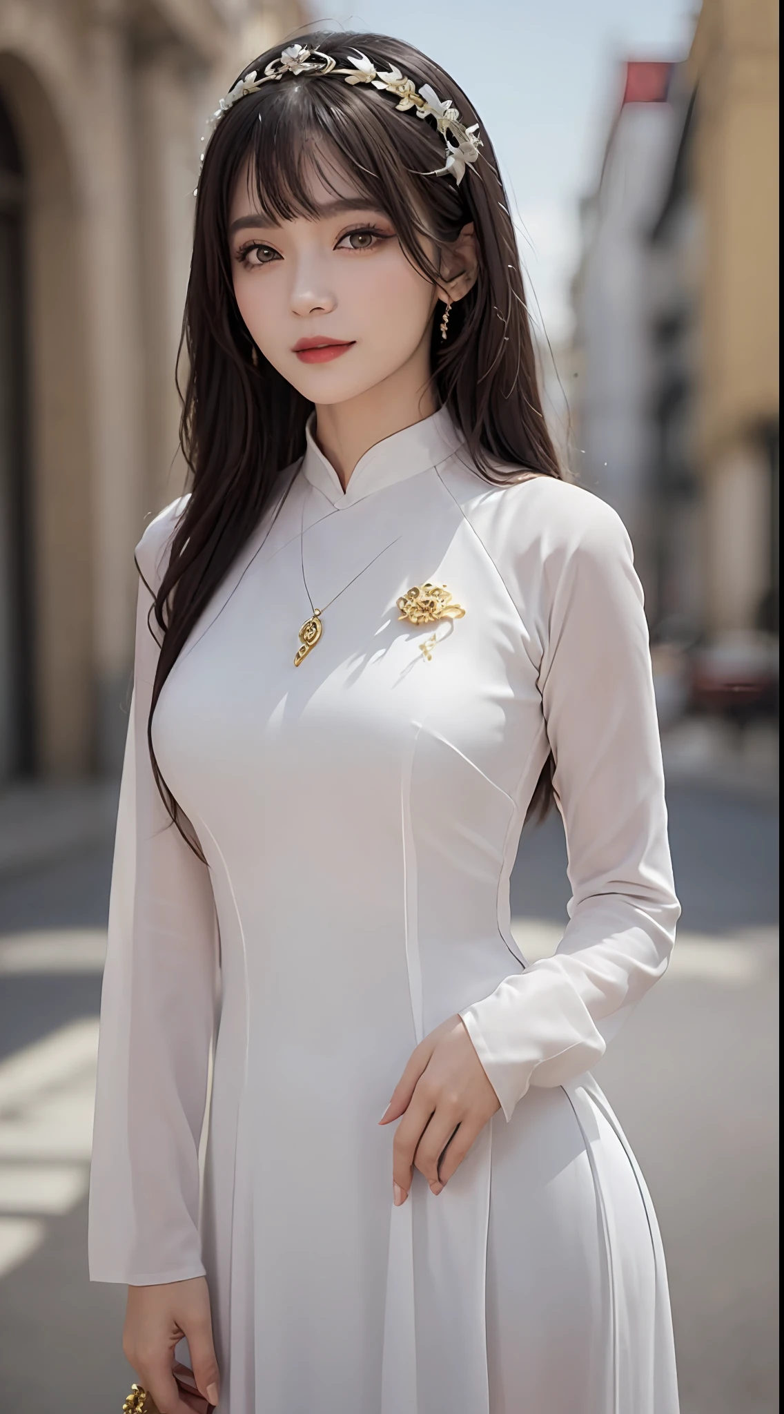 1 27-year-old girl, 1 zodiac goddess from the future, goddess of the pink and purple 12 zodiacs, the goddess of the zodiac in a yellow ao dai, a 12 zodiac ao dai with many black lace detail, mythology Goddess of the 12 zodiacs from the future, zodiac ♏, luxurious glittering zodiac style, dark and mysterious version, zodiac crown, lipstick lips red, thin and beautiful lips, Smile makes viewers fall in love, characters made by karol bak and pino daeni, intricate detail, detailed background, extremely detailed, light magic, a woman, clear face, look at the face of goddess zodialook at the zodiac goddess face, hair long with bangs, beautiful face in detail and well-proportioned eyes, (transparent yellow eyes: 1.8), big round eyes and very beautiful and detailed makeup, foresight, silk dress, mysterious makeup, double bangs and dyed light blonde, uper body, zodiac goddess uper body, arms hanging loosely, Realistic and vivid photo, (stars make up the zodiac: 1.7), (sky background zodiac and fictitious space and time portal: 1.8), fiction art, RAW photo, hanfu picture, best photo, best photo quality, 8k quality, 8k ultra, super realistic, real photo most economical, artistic portrait of goddess zodiac,