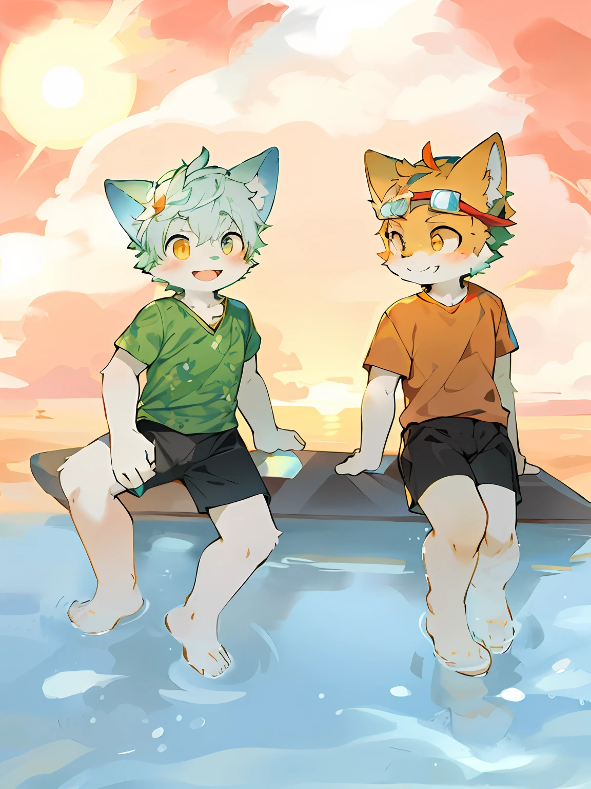 There are two cats sitting on the boat in the water, dusk, sun, sand, (the cat on the left has blue ears, green leaf clothes, black panties, yellow eyes, red eyebrows, bangs and hair), (the one on the right has only yellow ears, wearing orange clothes, blue eyes half-squinting and smiling, and an adventure mirror on the head), water's edge, two beast boys, clear eyes, masterpiece, masterpiece