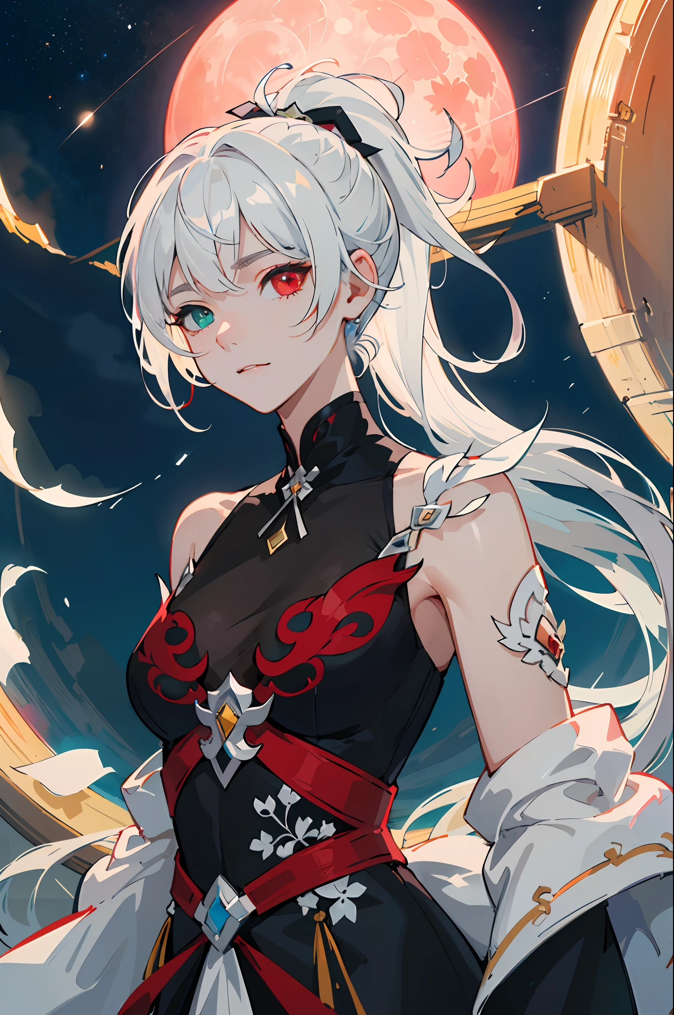 masterpiece, (best quality:1.2), (ultra-detailed:1.2), illustration, (an extremely delicate and beautiful:1.2),Jing Liu,Honkai Star Rail,cinematic angle,(beautiful detailed eyes:1.1), (detailed light:1.1),cinematic lighting, beautifully detailed night sky, white long hair, (red eyes), (high ponytail:1.1), glowing eyes, (moon:1.2), (moonlight:1.1), starry sky, (((heterochromia))), adult woman, long hair, 1girl