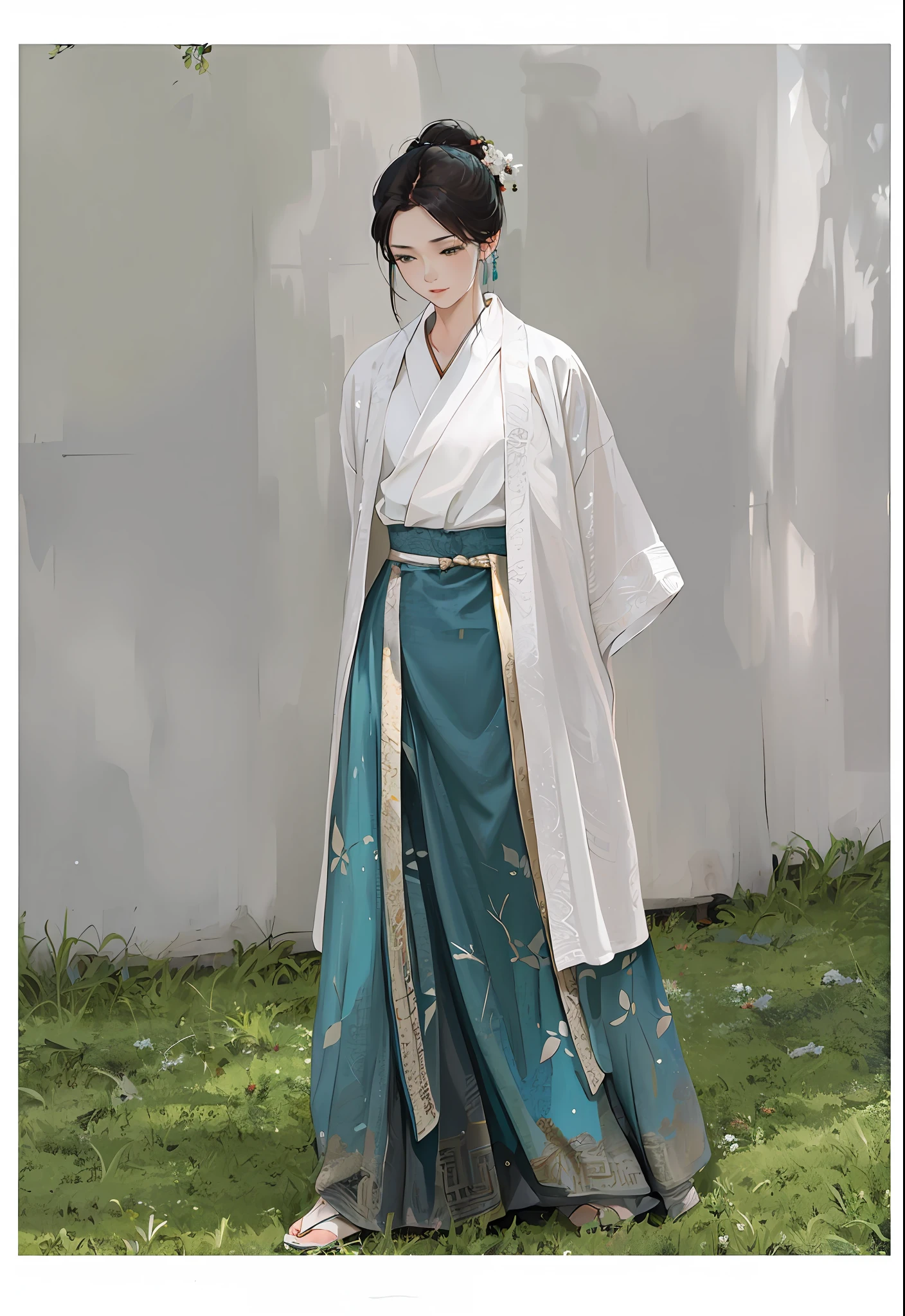 a woman in a white shirt and blue skirt standing in the grass, white hanfu, hanfu, long beautiful flowing kimono, white and teal garment, wearing ancient chinese clothes, traditional chinese clothing, classic kimono, pale and coloured kimono, long flowing white robe, dragon-inspired cloth robes, wearing a long flowing robe, wearing white silk robe