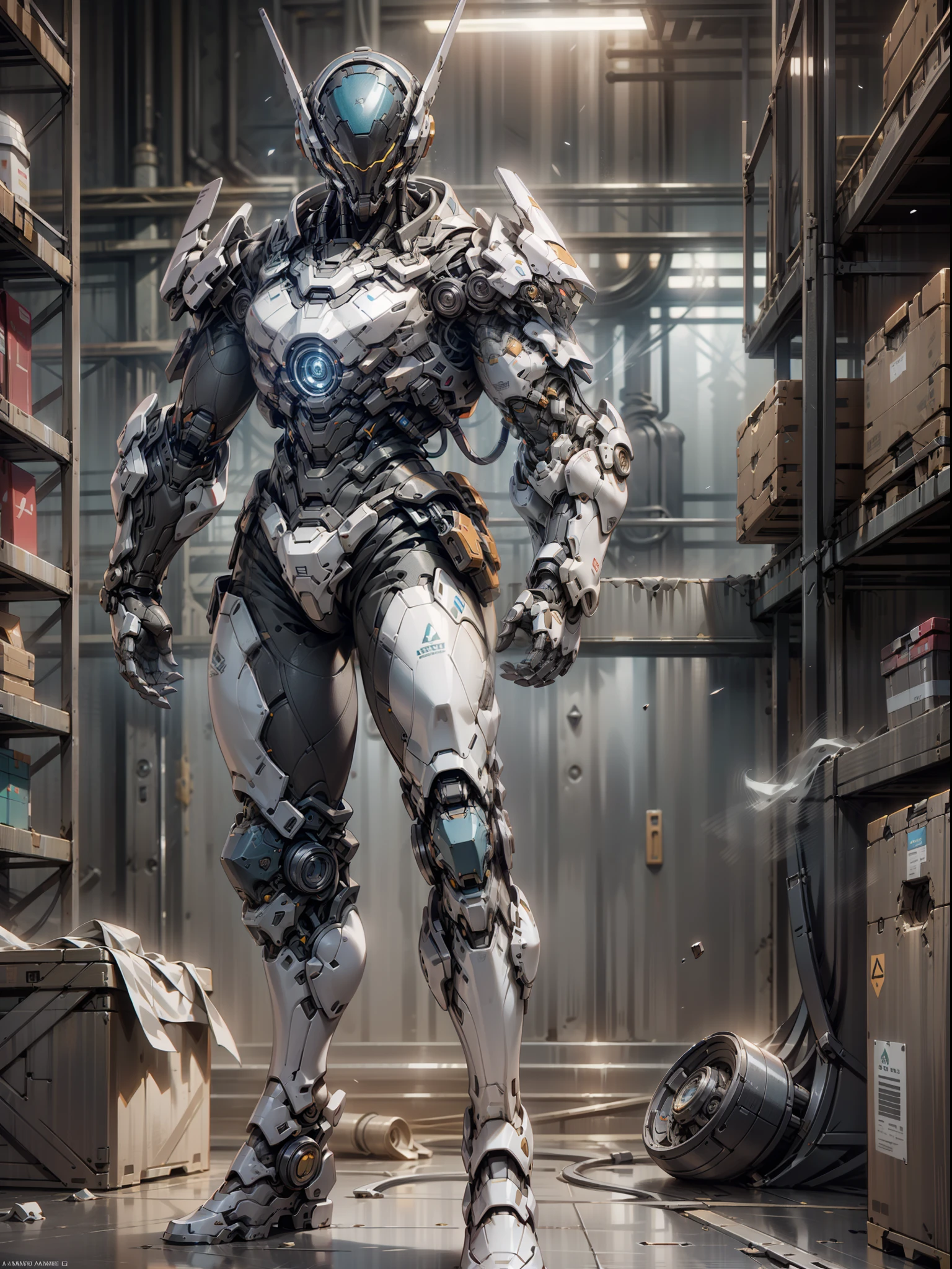 Engineer, Repairer, Well Equipped, Complex Arsenal, Super Cool Ghost Hunter, Male, Warrior, Wearing Blue Mechanical Armor, Huge Warehouse, Repair Tools, Repair Pose, Perfect Body Proportions, Mechanical Warehouse Background, Super Detail, IP by Pop Mart, Edge Light, Avatar, Octane Rendering, Blender, Full Body, Clean Black Background, 3D, C4D, Best Quality, Very Detailed, Ancient Technology, HDR (High Dynamic Range), Ray Tracing, NVIDIA RTX, Super Resolution, Unreal 5, Subsurface Scattering, PBR Textures, Post Processing, Anisotropic Filtering, Depth of Field, Maximum Sharpness and Acutance, Multilayer Textures, Albedo and Highlight Maps, Surface Shading, Accurate Simulation of Light-Material Interactions, Perfect Proportions, Octane Rendering, Duotone Lighting, Low ISO, White Balance, Rule of Thirds, Wide Aperture, 8K RAW, High Efficiency Sub-Pixel, Subpixel Convolution, Luminescent Particles, Light Scattering, Tyndall Effect