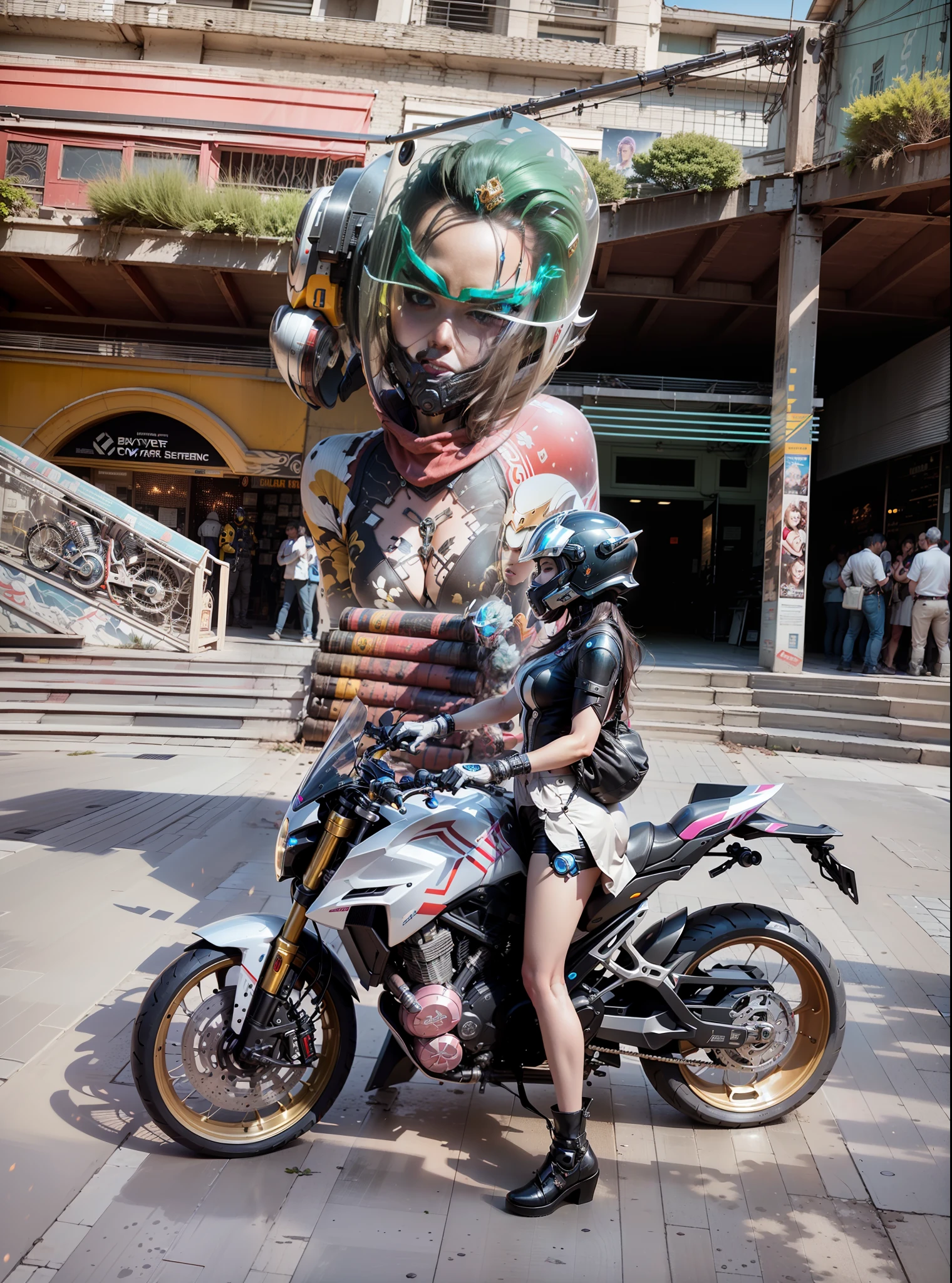 Sexy Cyber Female Warrior and Cyber Mechanical Motorcycle, Full Body Exquisite High-Tech Armor, Exquisite Black Tech Helmet, Nousr, Biomechanics, MSHN Robot Man, High-Tech Helmet, Surreal, Steel, Intricate Design, Crazy Details, Fine Details, Extremely Clear Lines, Cinematic Lighting, Photo Realistic, Detailed Masterpiece