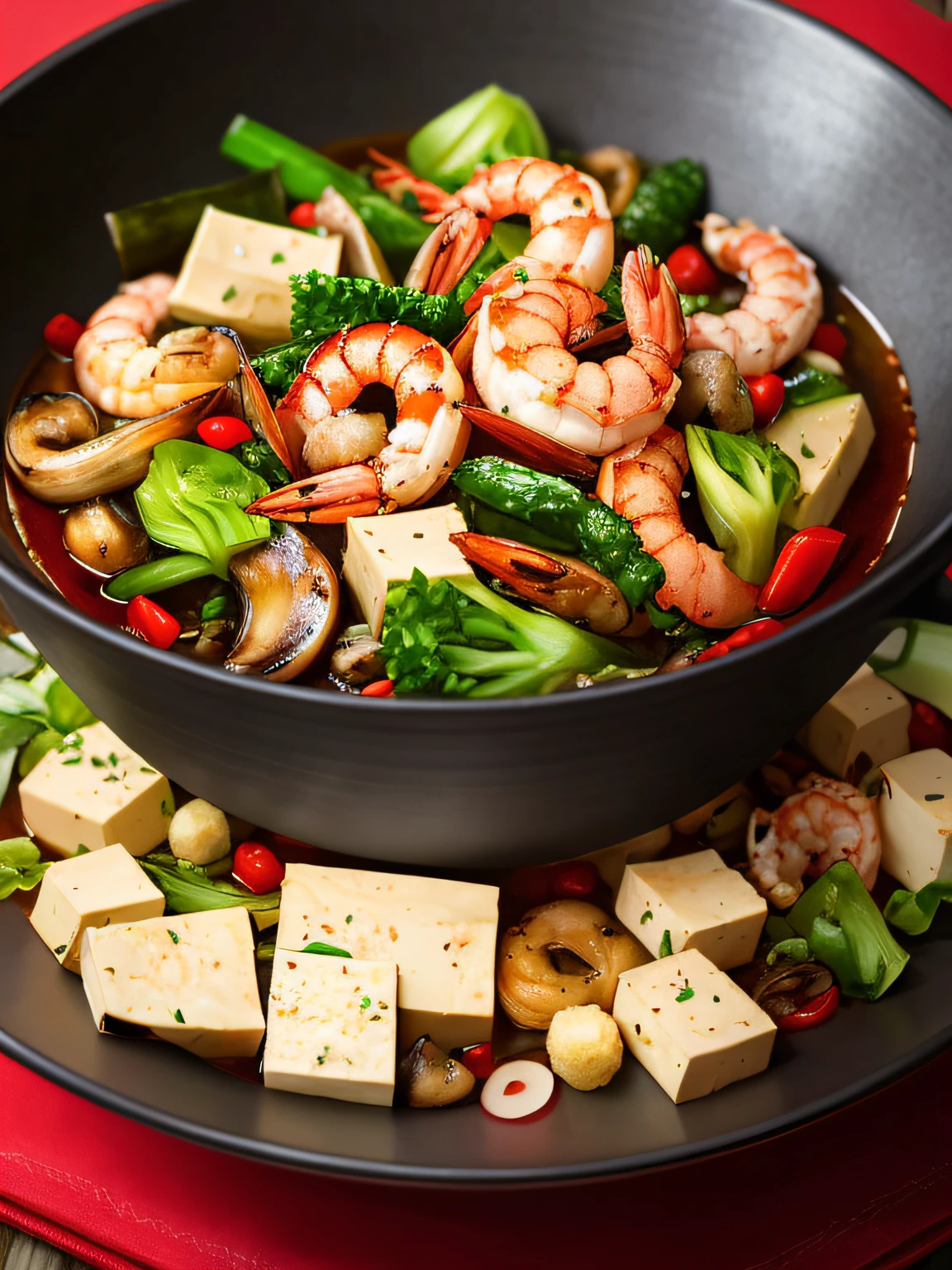Close-up spicy mix, seafood mushrooms, small octopus, red oil, shrimp, green peppercorns, sixty-sixth century pepper, green vegetables, bok choy, tofu puffs, super realistic food pictures, the complete subject shown in the photo, a spoon is pouring into a bowl Red Oil, Randy Post, hyper realistic &quot;, hyper realistic&quot;, high res photo --auto