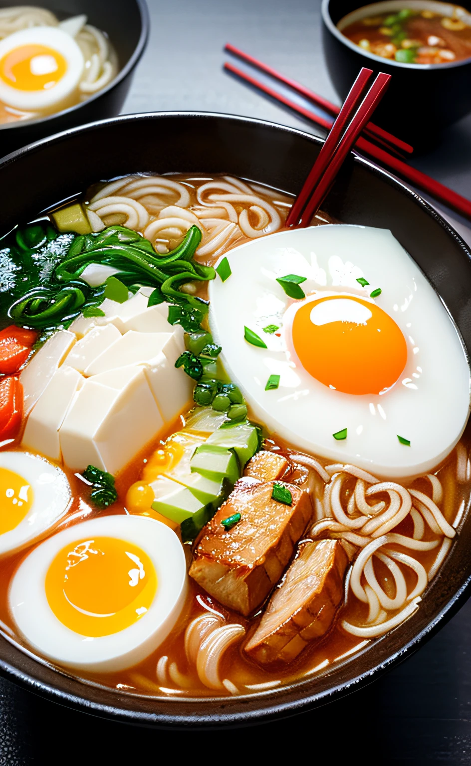 ultra detailed 8k cg, Japanese ramen, chopsticks, egg, steam
