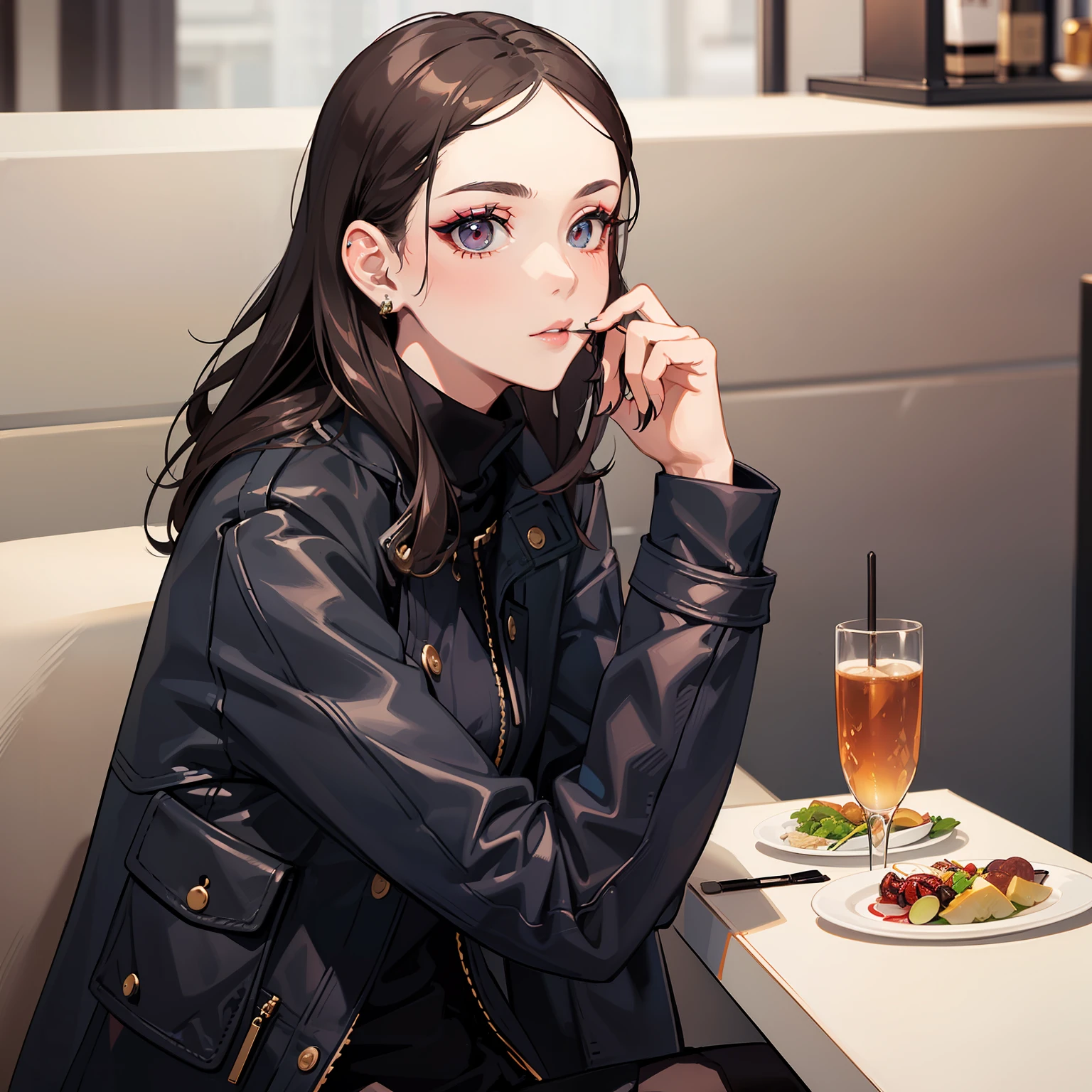 (A woman with exquisite makeup 1.4)
(Wearing a coat 1.4)
(Sitting in a fancy restaurant 1.3)
(shows upper body 1.3)