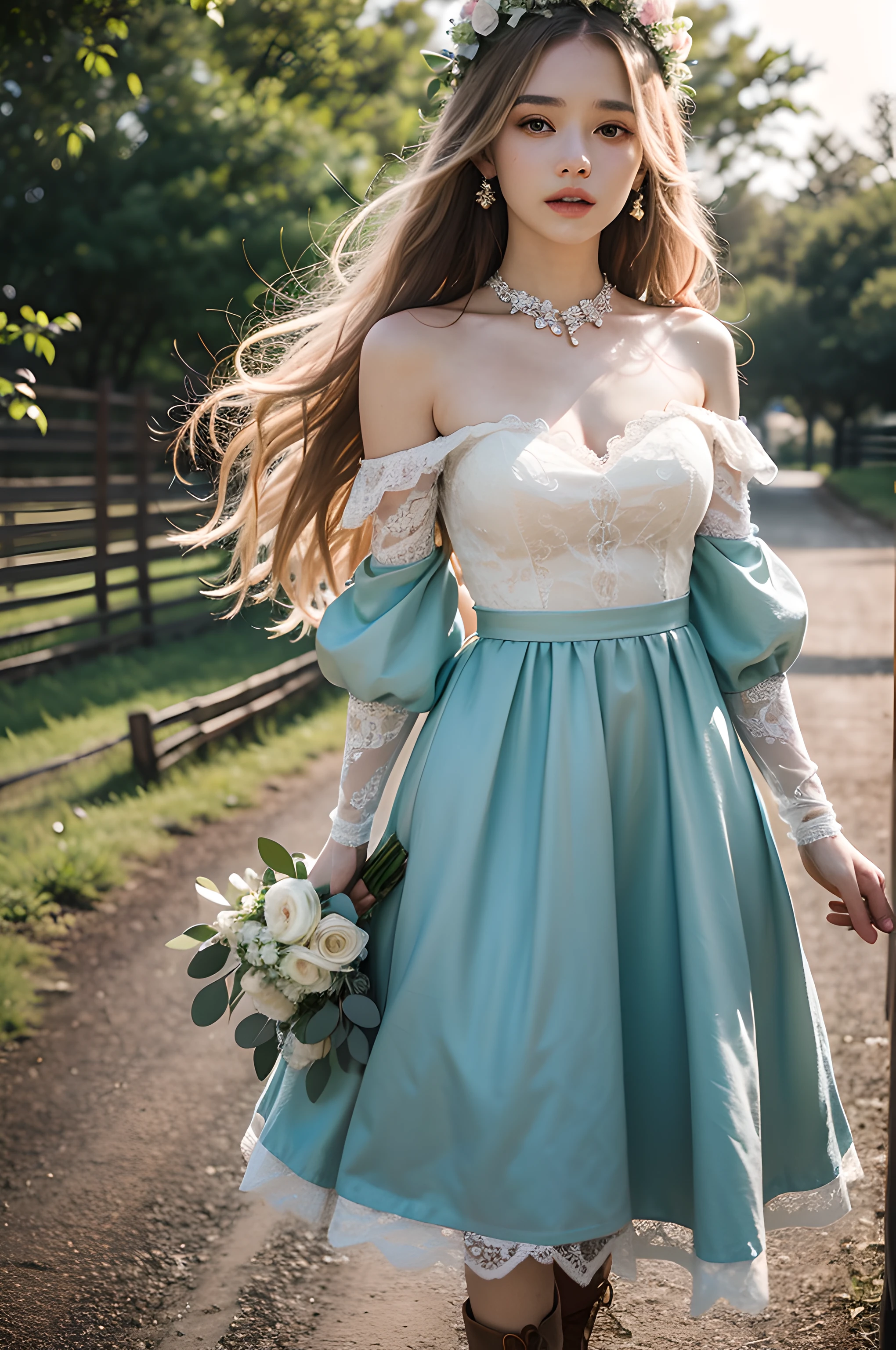 (masterpiece), (portrait), (aesthetic), (beautiful), (upper blody), (high quality), (aesthetic clothings), (professional angle), (rule of thirds), (Feminine), (woman), (female), (beautiful),(feminine features), (21 years), solo, 1 woman, (attractive Australian), Spring, (Eucalyptus Scent), (Morning), (Soft light), ((Rustic Farm Wedding)), (Holding a Bouquet Hands), ((Looking Forward Face)), ((Natural)), (Minimal Make-up), (Petite Bust), (Flower Crown, Leather Boots), ((Long Hair)), (Blonde Hair), (Straight Hair), (Loose Braid hair), (- in Hair), (Wide Open Eyes), (Green Eyes), (Boho Chic Look), Fair skin, (Earthy Details Clothing), (Lace Bohemian Dress), (wedding dress), (Flowing Skirt ), (Off-shoulder Neckline), ((Rustic Farm background)), (Medium Shot Shot), beautiful hands, two hands, normal hands, two arms, complete hands, beautiful body, beautiful fingers, normal fingers, five fingers, five fingers, beautiful ears, normal ears, beautiful eyes, shiny eyes, beautiful mouth, beautiful lips,