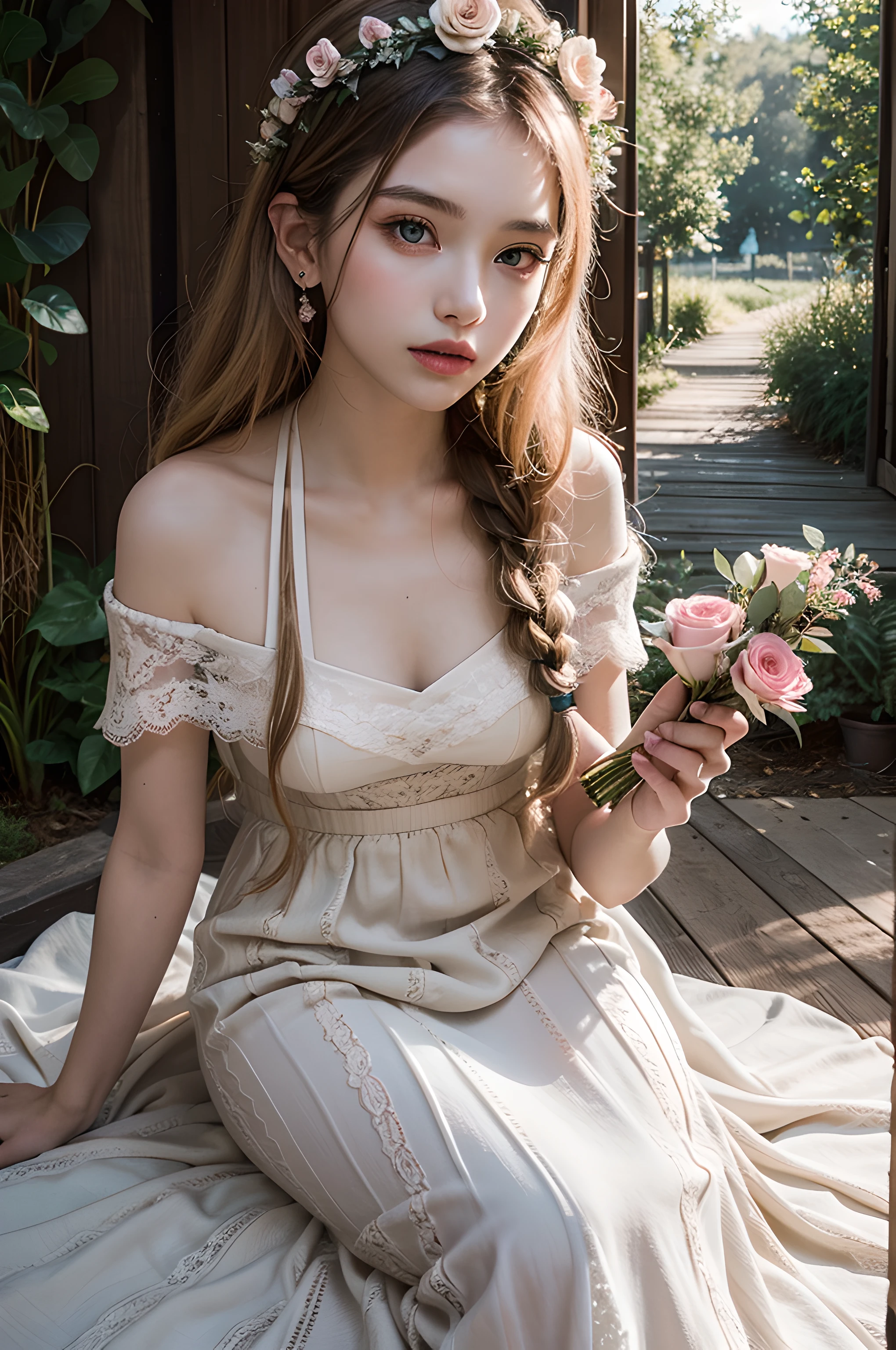 (masterpiece), (portrait), (aesthetic), (beautiful), (upper blody), (high quality), (aesthetic clothings), (professional angle), (rule of thirds), (Feminine), (woman), (female), (beautiful),(feminine features), (21 years), solo, 1 woman, (attractive Australian), Spring, (Eucalyptus Scent), (Morning), (Soft light), ((Rustic Farm Wedding)), (Holding a Bouquet Hands), ((Looking Forward Face)), ((Natural)), (Minimal Make-up), (Petite Bust), (Flower Crown, Leather Boots), ((Long Hair)), (Blonde Hair), (Straight Hair), (Loose Braid hair), (- in Hair), (Wide Open Eyes), (Green Eyes), (Boho Chic Look), Fair skin, (Earthy Details Clothing), (Lace Bohemian Dress), (wedding dress), (Flowing Skirt ), (Off-shoulder Neckline), ((Rustic Farm background)), (Medium Shot Shot), beautiful hands, two hands, normal hands, two arms, complete hands, beautiful body, beautiful fingers, normal fingers, five fingers, five fingers, beautiful ears, normal ears, beautiful eyes, shiny eyes, beautiful mouth, beautiful lips,