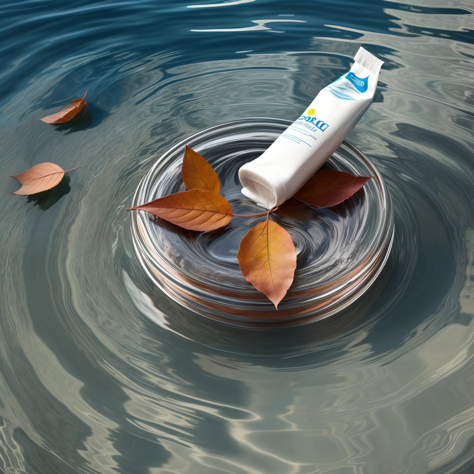 A bottle of toothpaste is placed horizontally under the water, and there are several red leaves floating on the water, water lines floating, soft light, blue tones, realism,