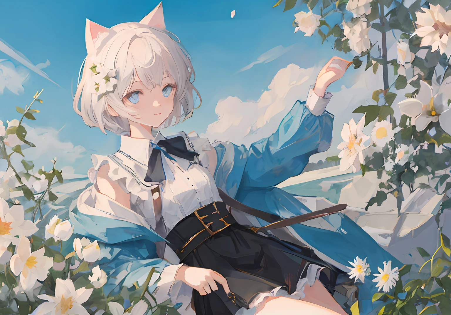 Masterpiece: superb super detailed illustration, light blue eyes, delicate 1girl, short white hair, cat ears, spring flowers, beautiful sky, delicate hands