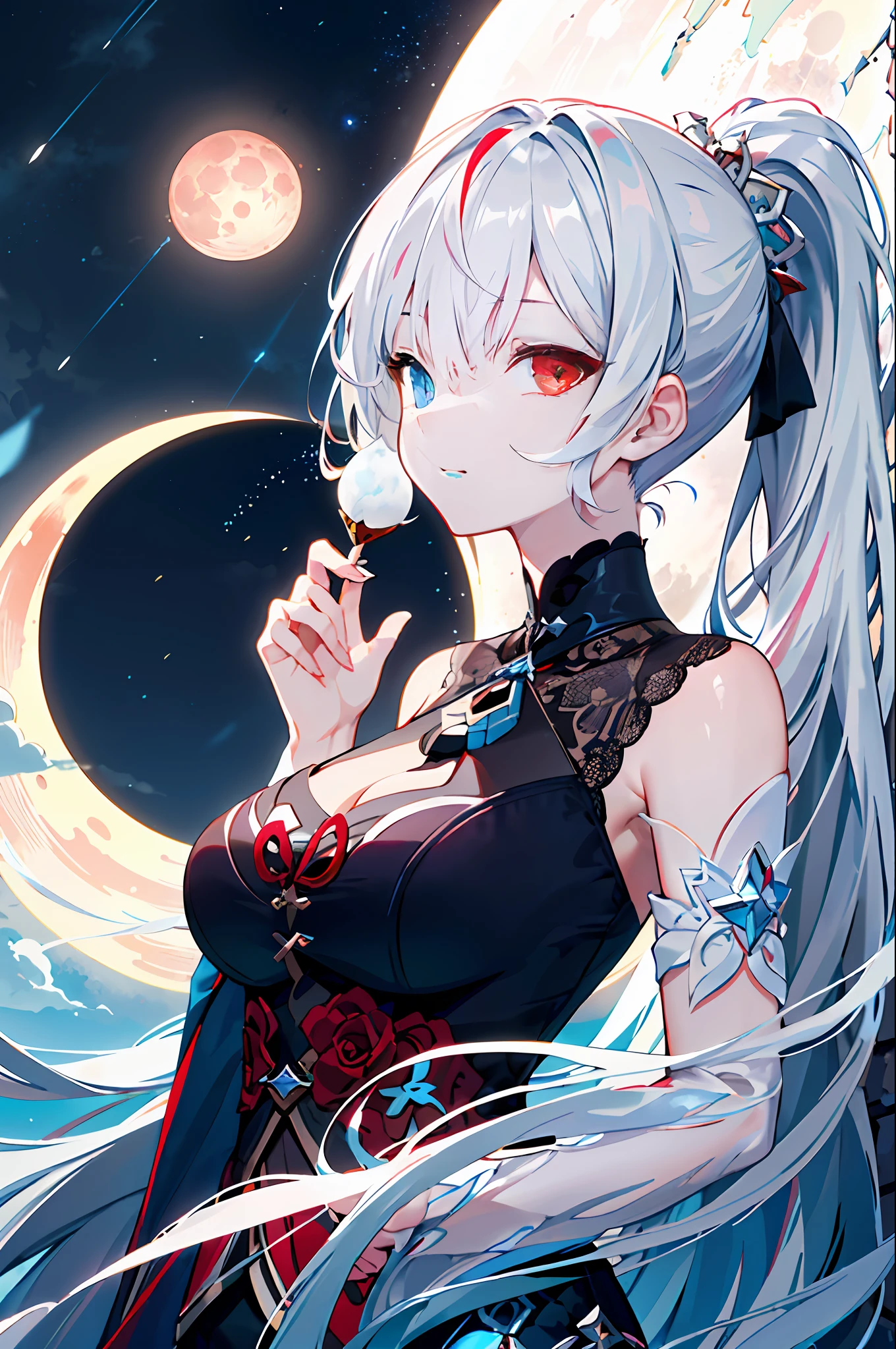 masterpiece, (best quality:1.2), (ultra-detailed:1.2), illustration, (an extremely delicate and beautiful:1.2),Jing Liu,Honkai Star Rail,cinematic angle,(beautiful detailed eyes:1.1), (detailed light:1.1),cinematic lighting, beautifully detailed night sky, white long hair, (red eyes), (high ponytail:1.1), glowing eyes, (moon:1.2), (moonlight:1.1), starry sky, (((heterochromia))), adult woman, long hair, 1girl