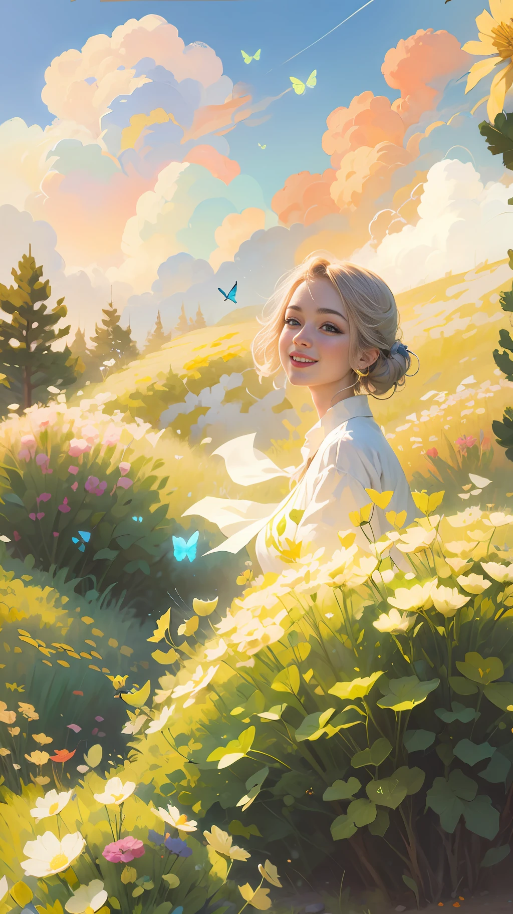 Illustration of a happy girl in a field of flowers a blue sky of clouds, beautiful illustration, beautiful painting, beautiful UHD 4k art, beautiful art, a beautiful art illustration, art in the style of guweiz, beautiful painting, atey ghailan 8k, artgerm and atey ghailan, happy girl in a field of flowers, (butterflies). (best quality, masterpiece), 1girl, pose, particle, wind, flower, upper body, sky background, looking at the viewer. --auto
