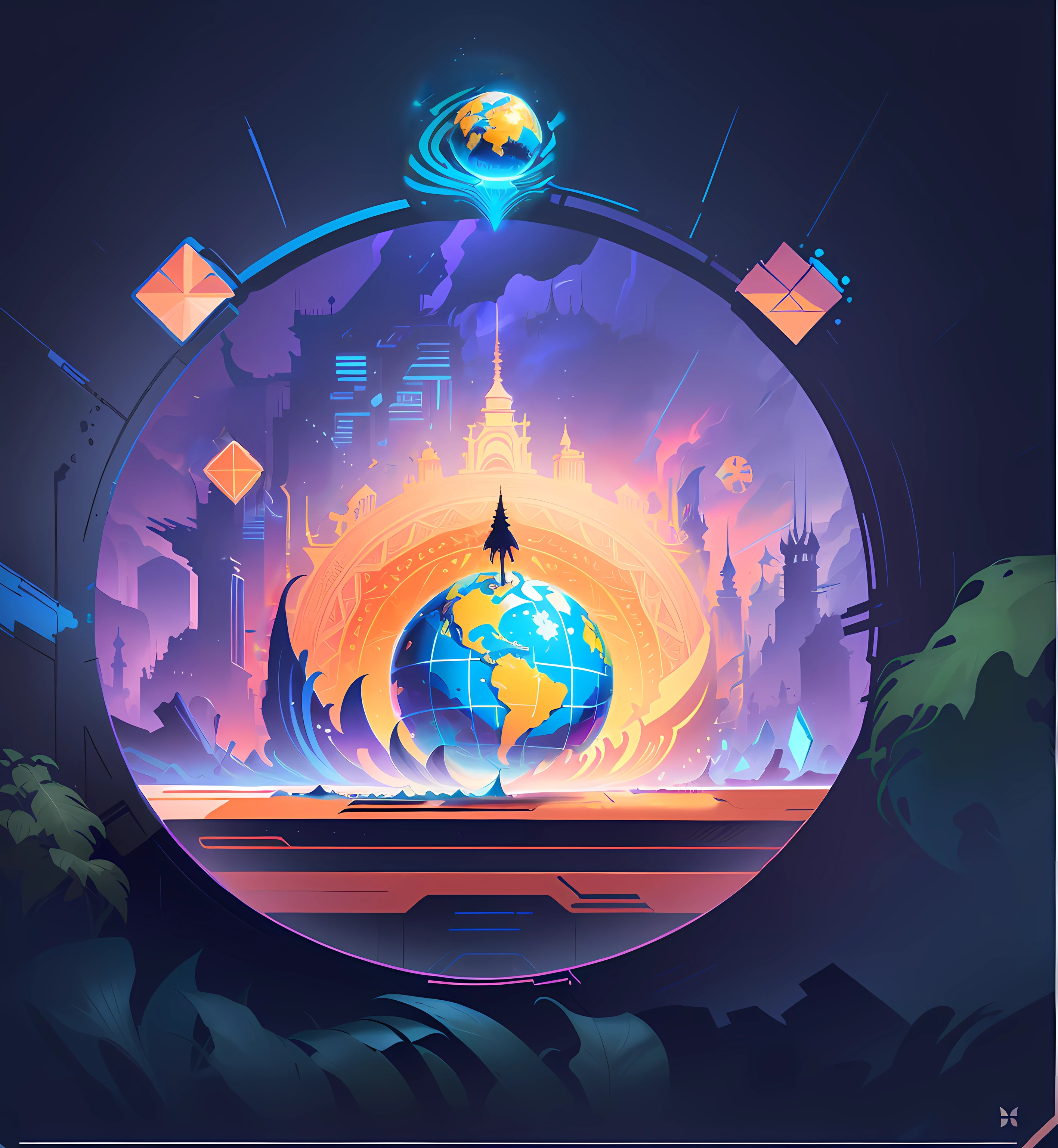 A round globe, sketch style, blue, very coherent stylized artwork, gorgeous border + concept art, Jen Bartel, independent craft aesthetics, card art, beeple everyday art, concept illustration, James Gilead artwork, background art, concept illustration, game illustration, symmetry!! Conceptual art in the Bipple style