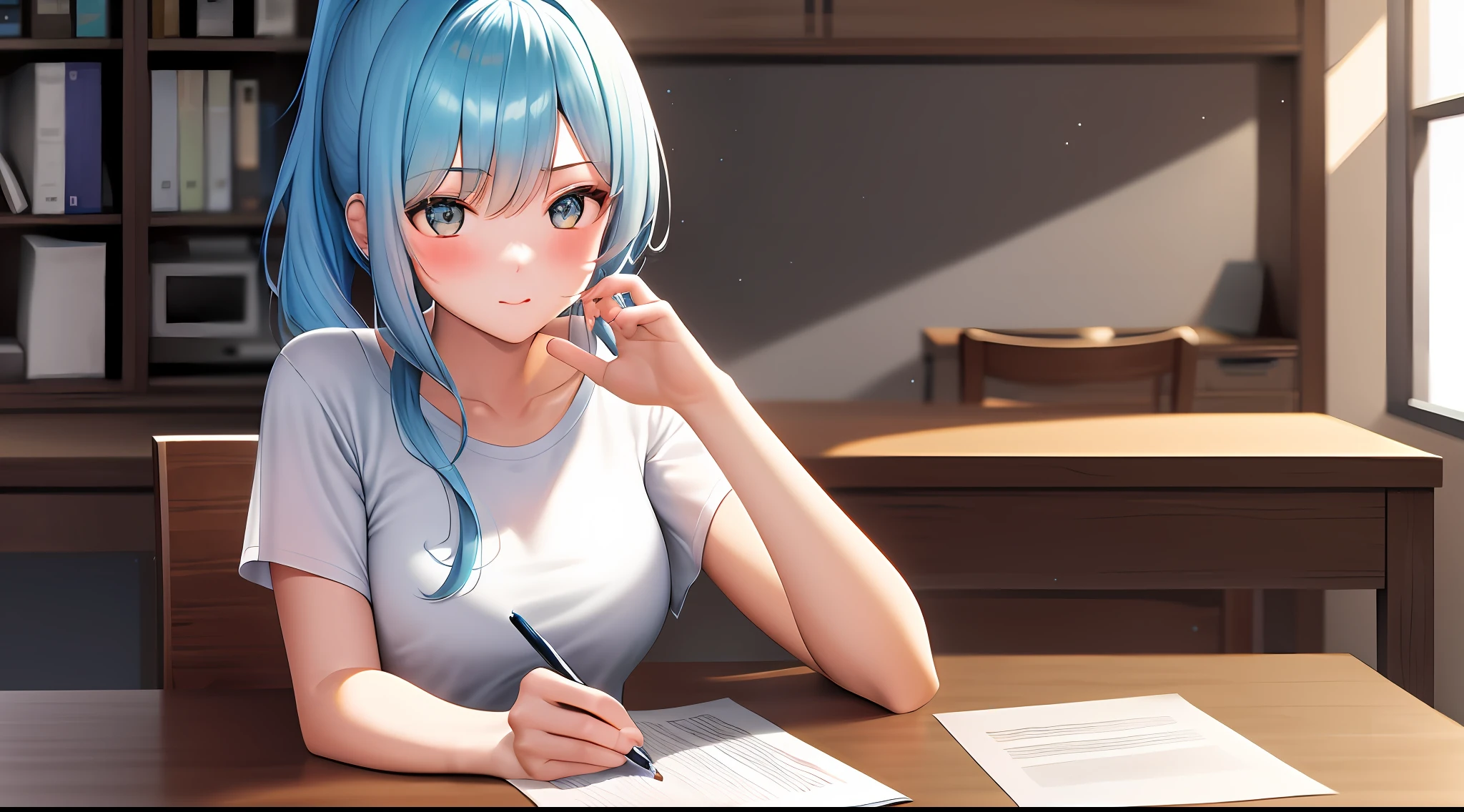 masterpiece, Best quality, High Resolution, One girl, Loose T-shirt, Girl sitting on chair studying drafting at desk, Horizontal angle, Studying seriously, Paperwork, Good luck studying, Drafting, cute, pretty light blue hair, architect, ponytail