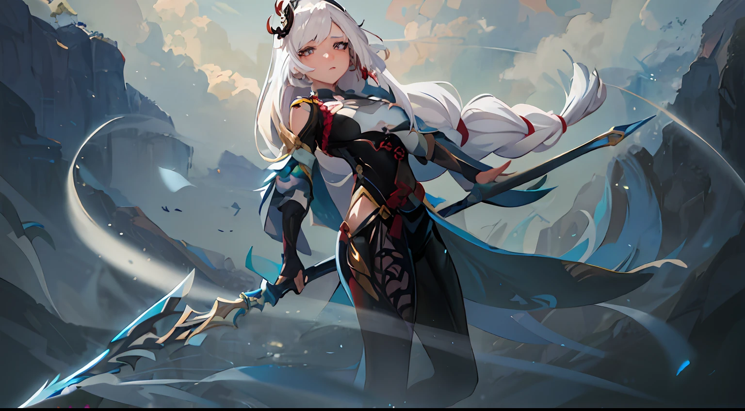 anime girl with sword and sword in the sky with clouds, white haired deity, onmyoji detailed art, ashe, by Yang J, zerochan art, anime art wallpaper 4 k, anime art wallpaper 4k, anime art wallpaper 8 k, anime fantasy artwork, anime epic artwork, fanart best artstation, perfect white haired girl, white haired