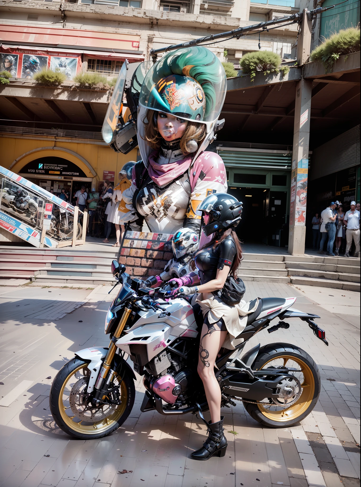Sexy Cyber Female Warrior and Cyber Mechanical Motorcycle, Full Body Exquisite High-Tech Armor, Exquisite Black Tech Helmet, Nousr, Biomechanics, MSHN Robot Man, High-Tech Helmet, Surreal, Steel, Intricate Design, Crazy Details, Fine Details, Extremely Clear Lines, Cinematic Lighting, Photo Realistic, Detailed Masterpiece