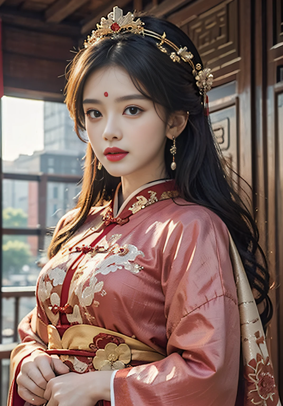 (Ultra-realistic 8k CG: 1.2), perfect artwork, delicate patterns, intricate details, (unparalleled masterpiece, best quality: 1.2), (extremely complex: 1.2), a woman in a red and gold national style long dress, phoenix crown, hair stick, blush, shyness, black_hair, (forehead point), Chinese clothes, curtains, earrings, hair_ornament, hanfu, interior, jewelry, red lips, tassels, (Red Palace: 1.2), (Ancient Chinese Architecture)