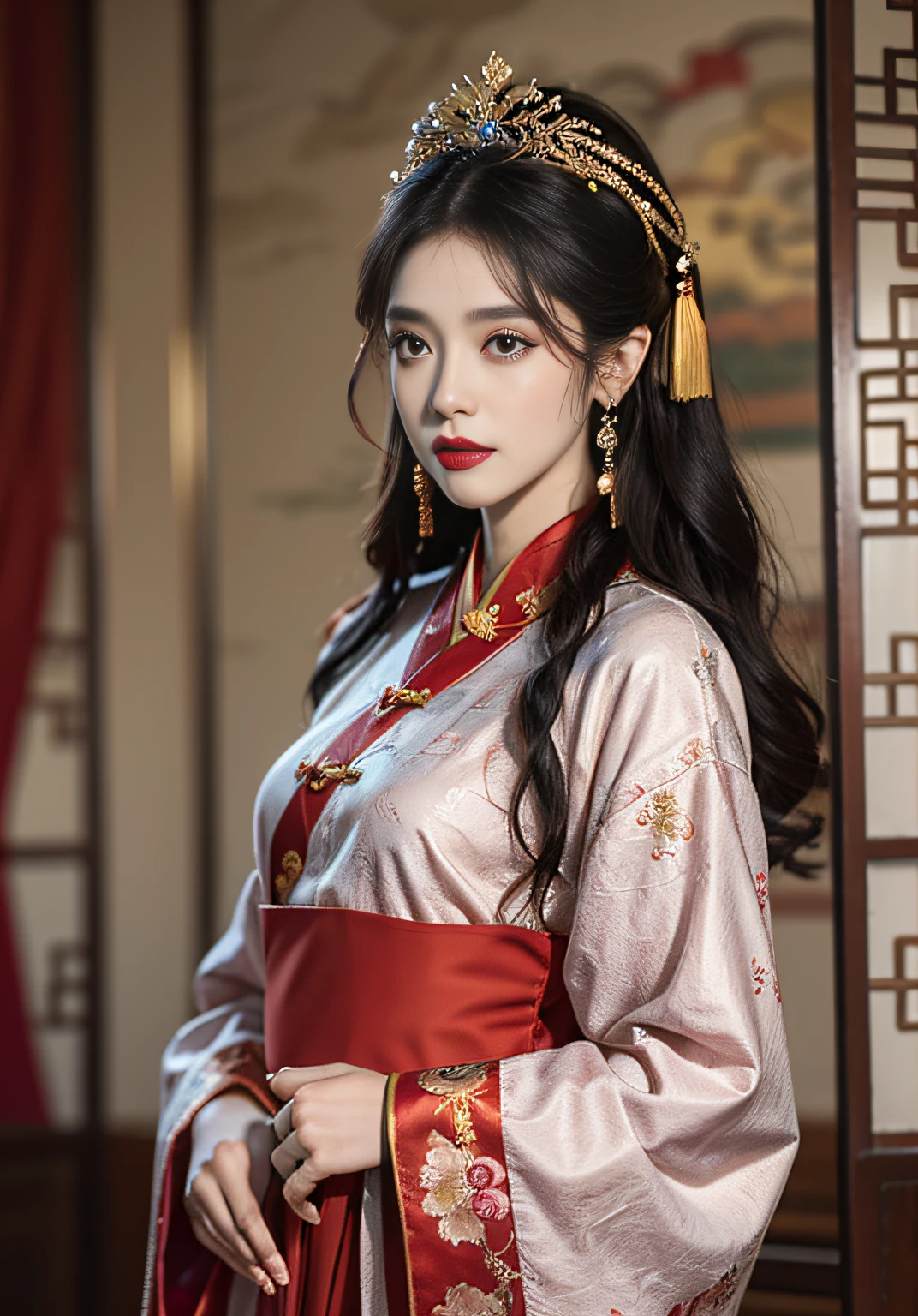 (Ultra-realistic 8k CG: 1.2), perfect artwork, delicate patterns, intricate details, (unparalleled masterpiece, best quality: 1.2), (extremely complex: 1.2), a woman in a red and gold national style long dress, phoenix crown, hair stick, blush, shyness, black_hair, (forehead point), Chinese clothes, curtains, earrings, hair_ornament, hanfu, interior, jewelry, red lips, tassels, (Red Palace: 1.2), (Ancient Chinese Architecture)