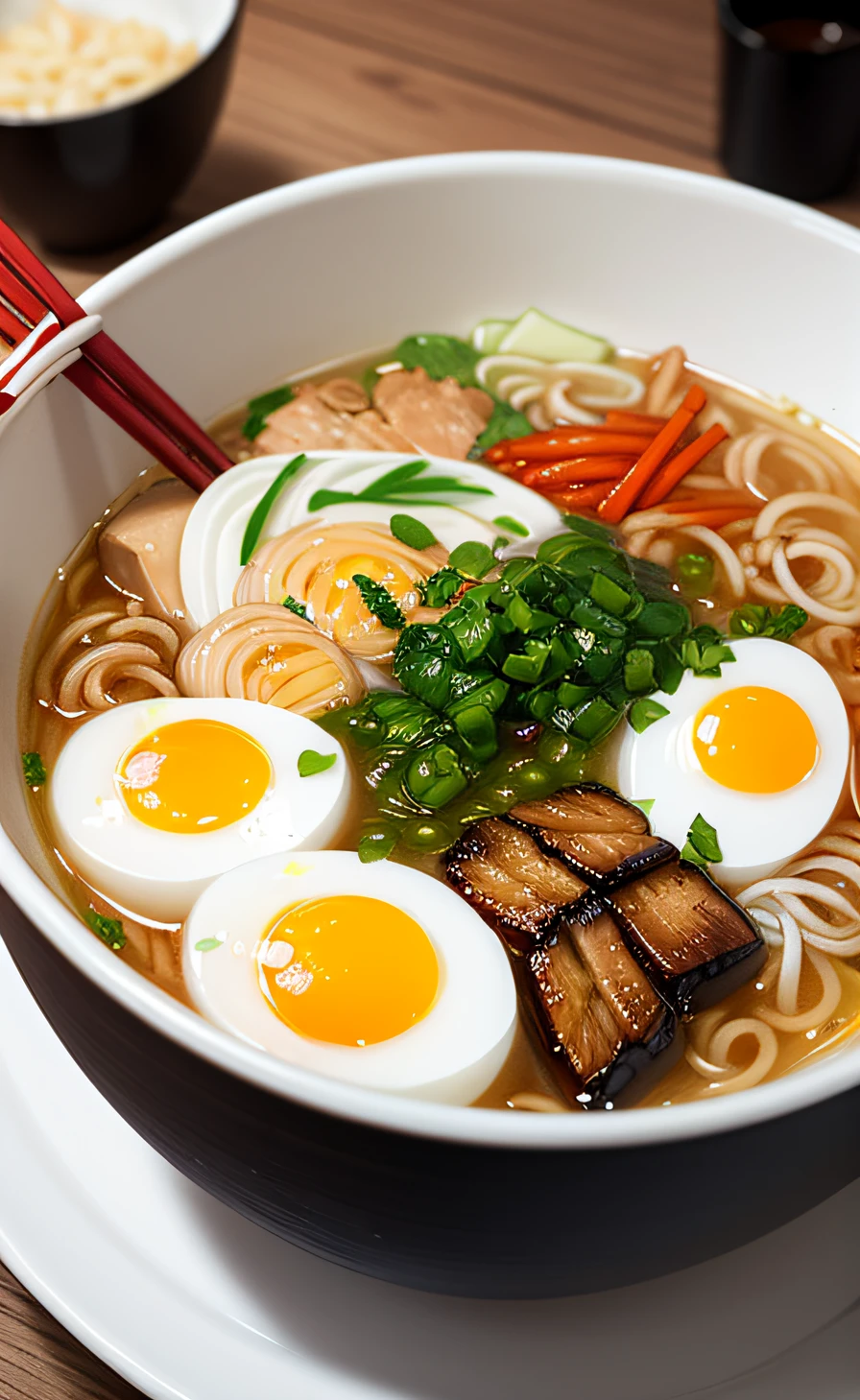 ultra detailed 8k cg, Japanese ramen, chopsticks, egg, steam