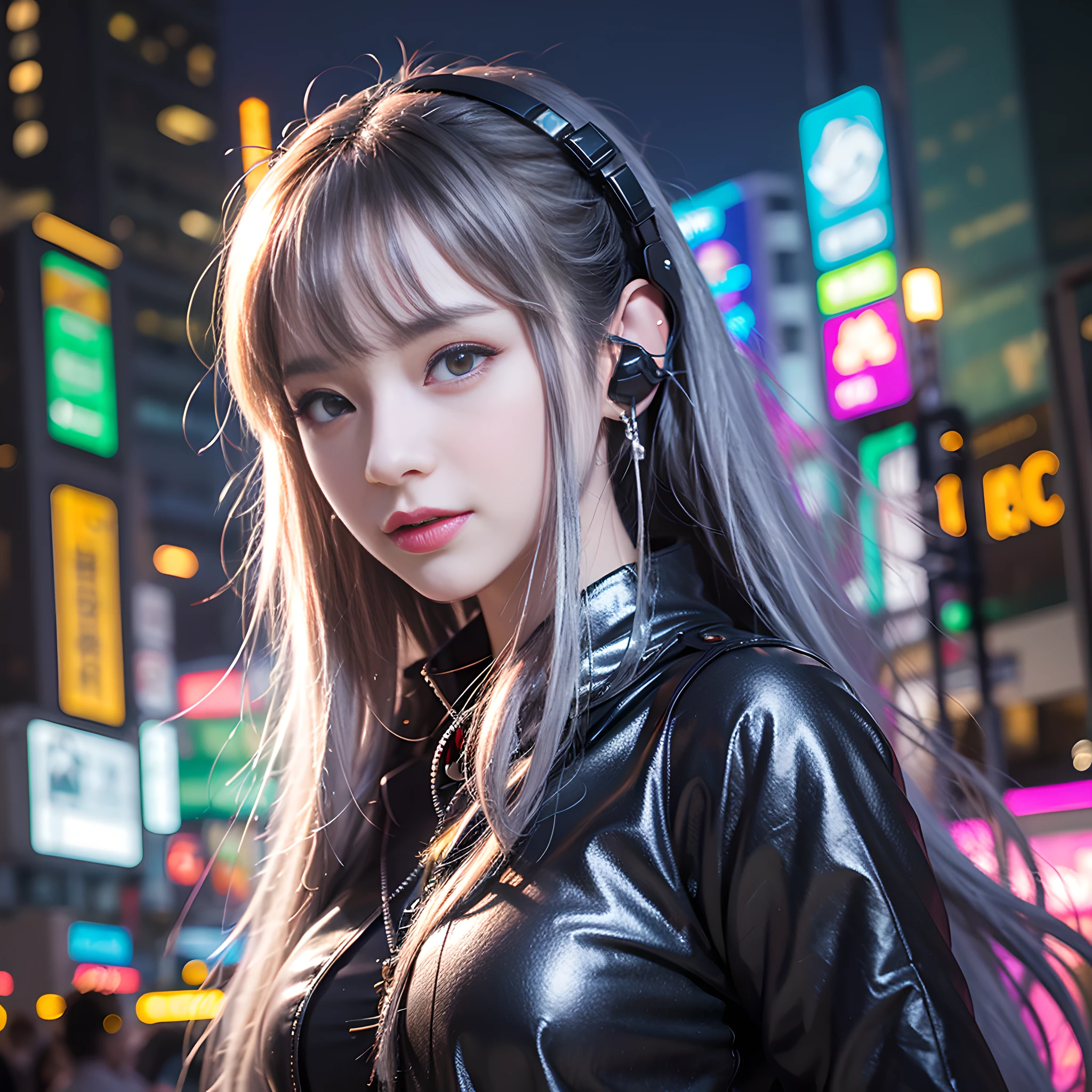 Background moon, big moon in the back, moon, 1 girl, Chinese_clothes, liquid silver metallic and rainbow colors, cyberhan clothes, cheongsam, cyberpunk city, dynamic pose, detail luminous headphones, luminous hair accessories, long hair, glowing earrings, glowing necklace, cyberpunk, high-tech city, full of mechanical and futuristic elements, futurism, technology, glowing neon lights, rainbow colors, rainbow color light, sexy skirt, transparent black cape, laser light, digital background city sky, big moon, There are vehicles, the best quality, masterpiece, 8K, character edge light, super high detail, high quality, the most beautiful woman in human beings, smile, face facing the front left and right symmetry, ear corner decoration, long antenna glow, beautiful pupils, light effects, visual data, silver rainbow hair dyeing hair, ultra-detailed facial texture, happy and proud, weapon system, crowded street passers-by, mecha style, wearing a glowing antenna on the head, deep eyes, far away, details of the entire city, candy color neon color matching, rainbow lights, only one character, There is only one protagonist