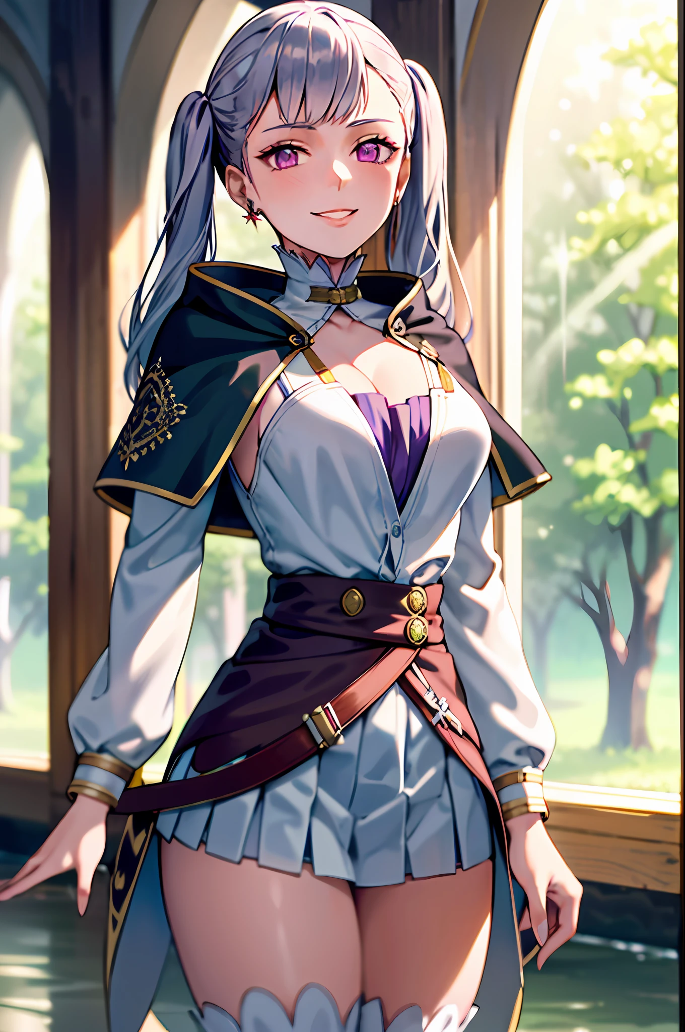 1girl, cowboy shot, beautiful noelle_silva,long hair ,twintails, bangs, earring,jewelry, silver hair,purple eyes, mage_dress,white dress, cleavage, capelet,long sleeves, water, medium breast ,smile,room,indoors, front light, volumetric lighting, best quality, masterpiece, intricate details, tonemapping, sharp focus, hyper detailed, trending on Artstation,