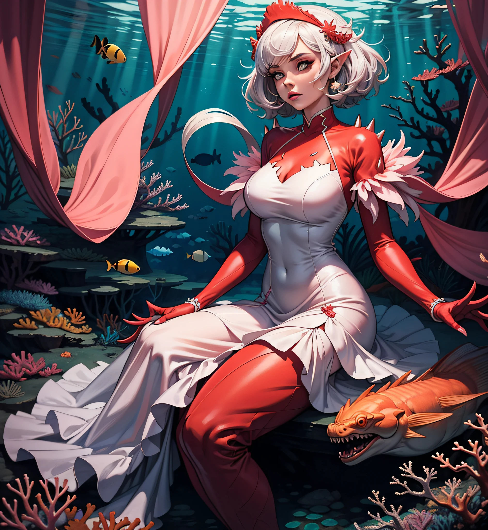 Coral, (monster girl), silver curtained hair, pink coral spikes, modest dress that is half pink and half white with a clear jagged divide, by a coral reef, masterpiece, best quality